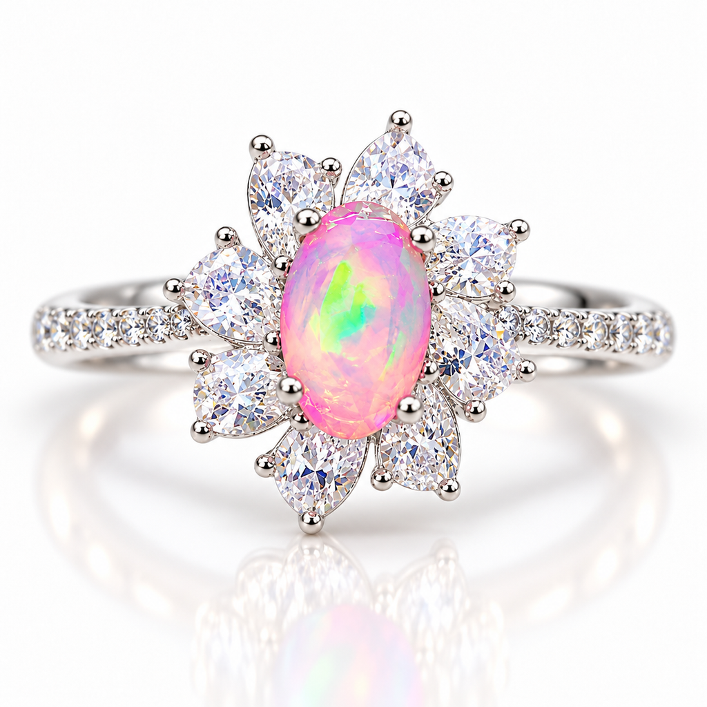 Australian pink fire opal flower ring featuring a 5x8mm oval natural white opal dyed pink, surrounded by eight pear-shaped cubic zirconia petals in Platinum Plated sterling silver on a white background.
