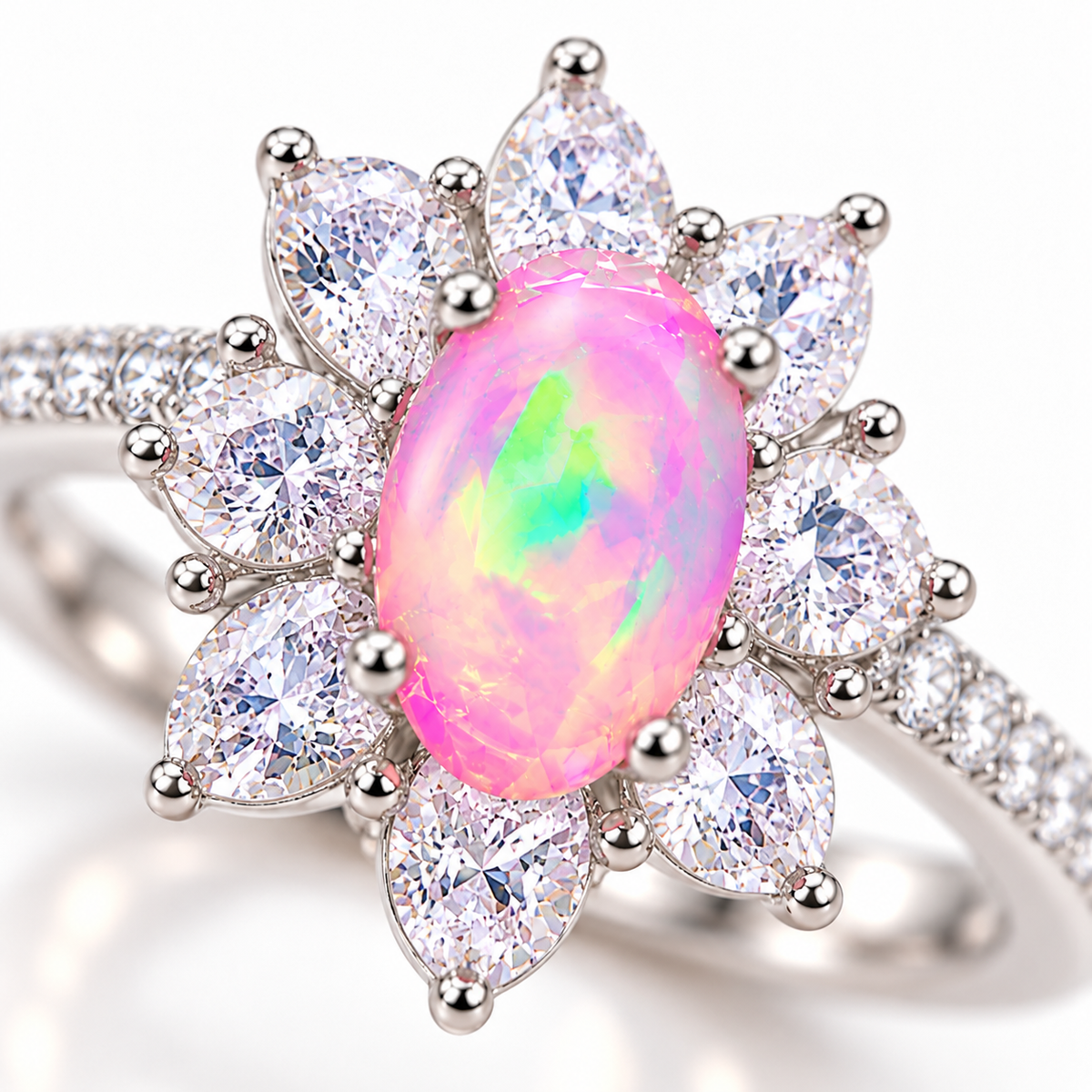 Macro close-up of a 5x8mm Australian white fire opal dyed pink, displaying soft pink, green, and yellow flashes within a sparkling flower-shaped halo of clear pear-cut cubic zirconia stones.