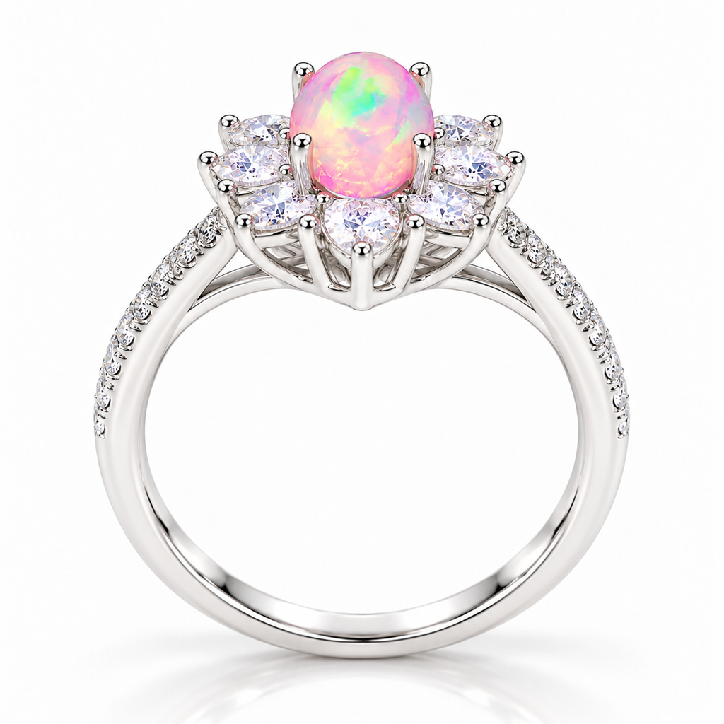 Side profile of a 5x8mm Australian pink fire opal ring showing the raised oval gemstone setting, floral cubic zirconia halo, open gallery supports, and polished Platinum Plated sterling silver band.
