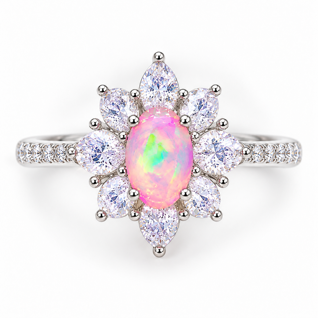  Top-down view of an Australian pink fire opal flower ring showing the oval 5x8mm pink gemstone with green and yellow flashes surrounded by eight clear pear-shaped cubic zirconia petals.