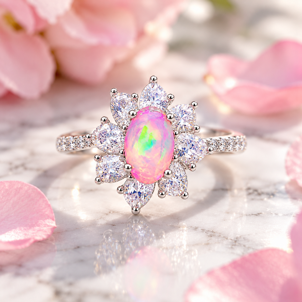 Australian pink fire opal flower ring displayed on elegant white marble with subtle gray veining, highlighting the 5x8mm oval pink gemstone and sparkling cubic zirconia floral halo.