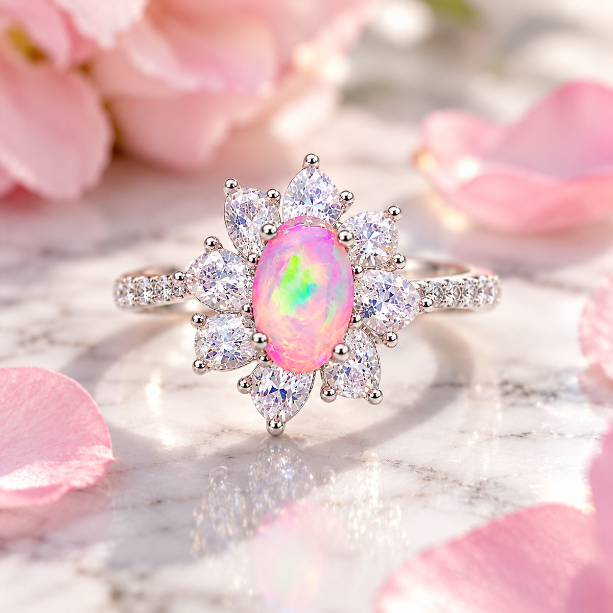 Australian pink fire opal flower ring displayed on elegant white marble with subtle gray veining, highlighting the 5x8mm oval pink gemstone and sparkling cubic zirconia floral halo.