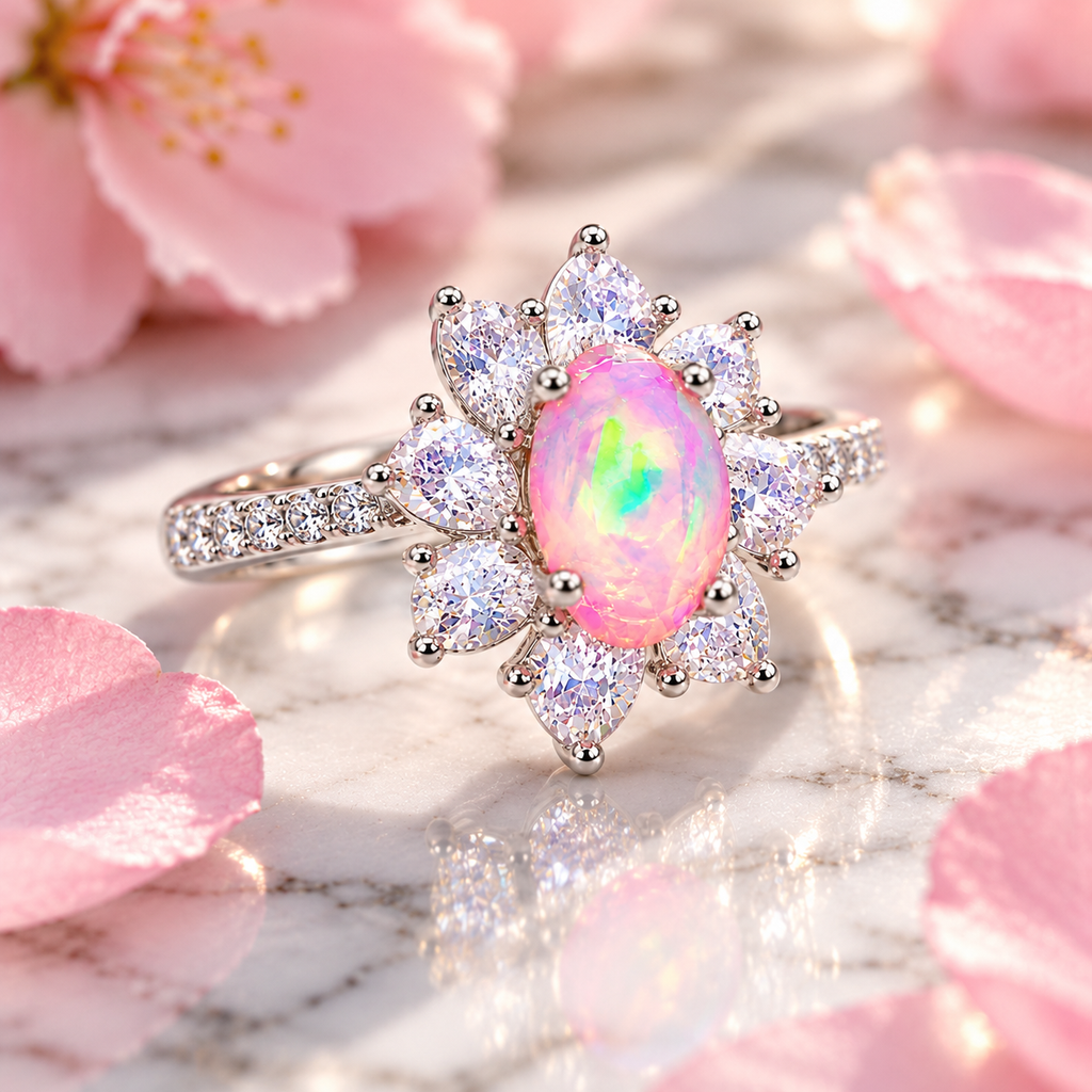 Angled lifestyle photograph of a 5x8mm Australian pink fire opal ring resting on polished white marble, showcasing the gemstone's pink, green, and yellow flashes and delicate flower-shaped setting.