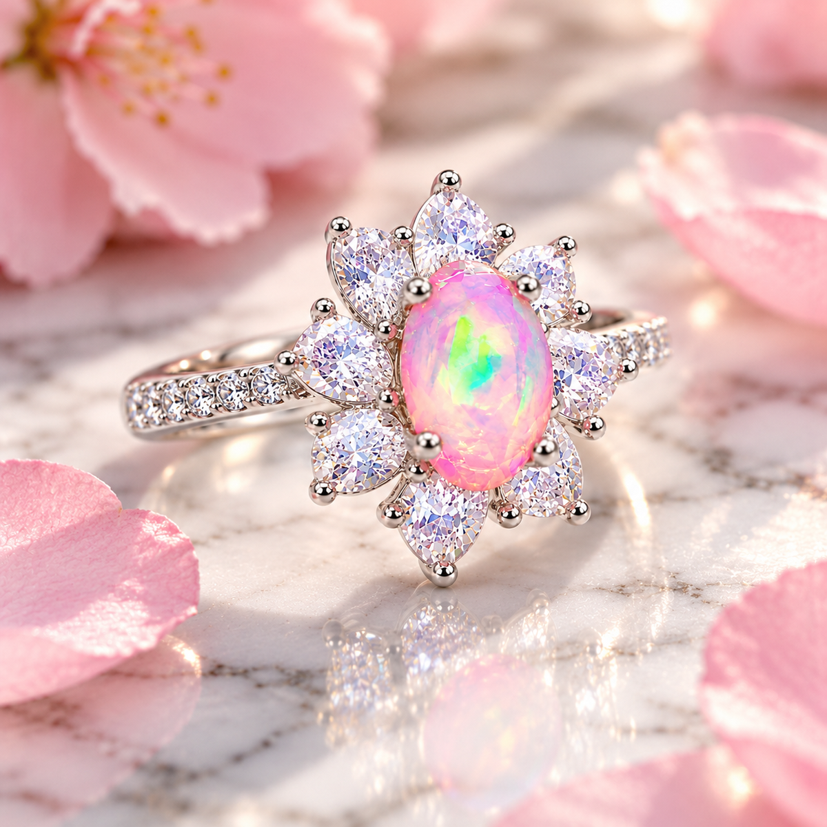 Angled lifestyle photograph of a 5x8mm Australian pink fire opal ring resting on polished white marble, showcasing the gemstone's pink, green, and yellow flashes and delicate flower-shaped setting.