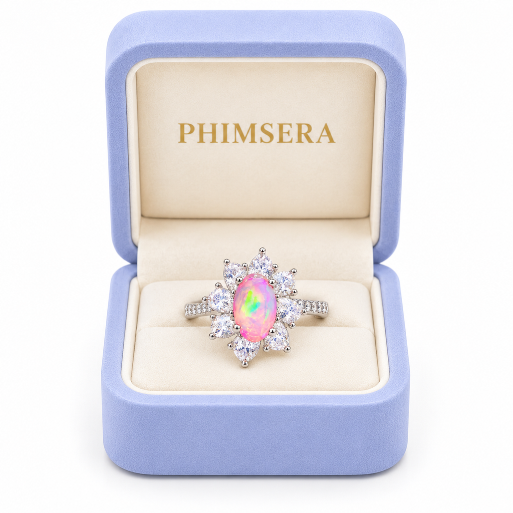 Australian pink fire opal flower ring displayed inside a periwinkle Phimsera jewelry box with cream velvet interior and gold PHIMSERA lettering, featuring a 5x8mm oval pink gemstone and sparkling floral halo.