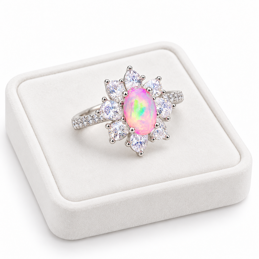 Angled photograph of a 5x8mm Australian pink fire opal ring resting on a white velvet jewelry tray, highlighting the colorful oval gemstone, sparkling pear-shaped cubic zirconia petals, and polished silver setting.