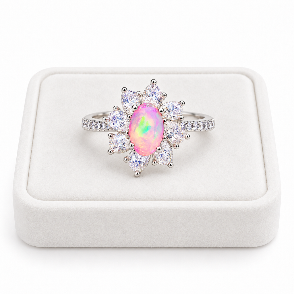 Australian pink fire opal flower ring featuring a 5x8mm oval gemstone displayed on a flat white velvet jewelry tray against a clean white background, showcasing the floral cubic zirconia halo.