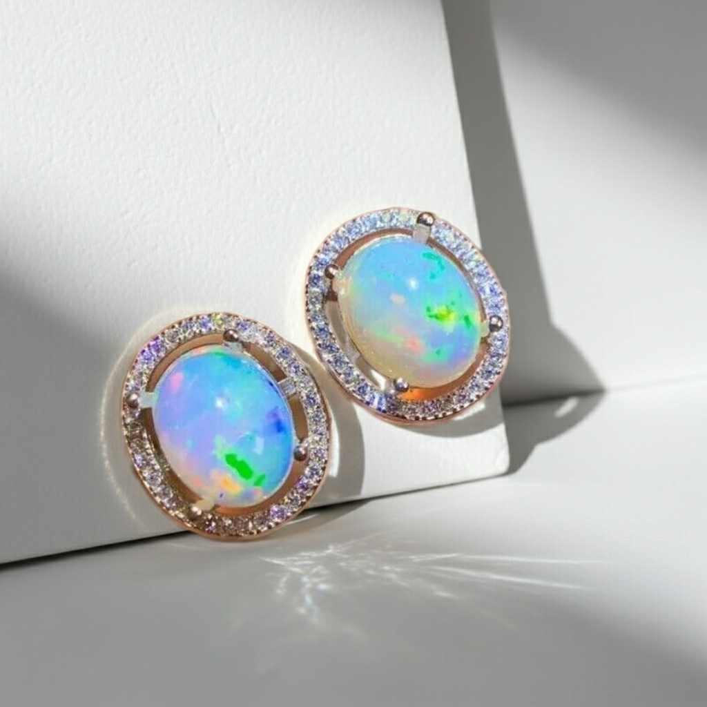 Australian Fire Opal Stud Earrings 8x10mm 925 Sterling Silver