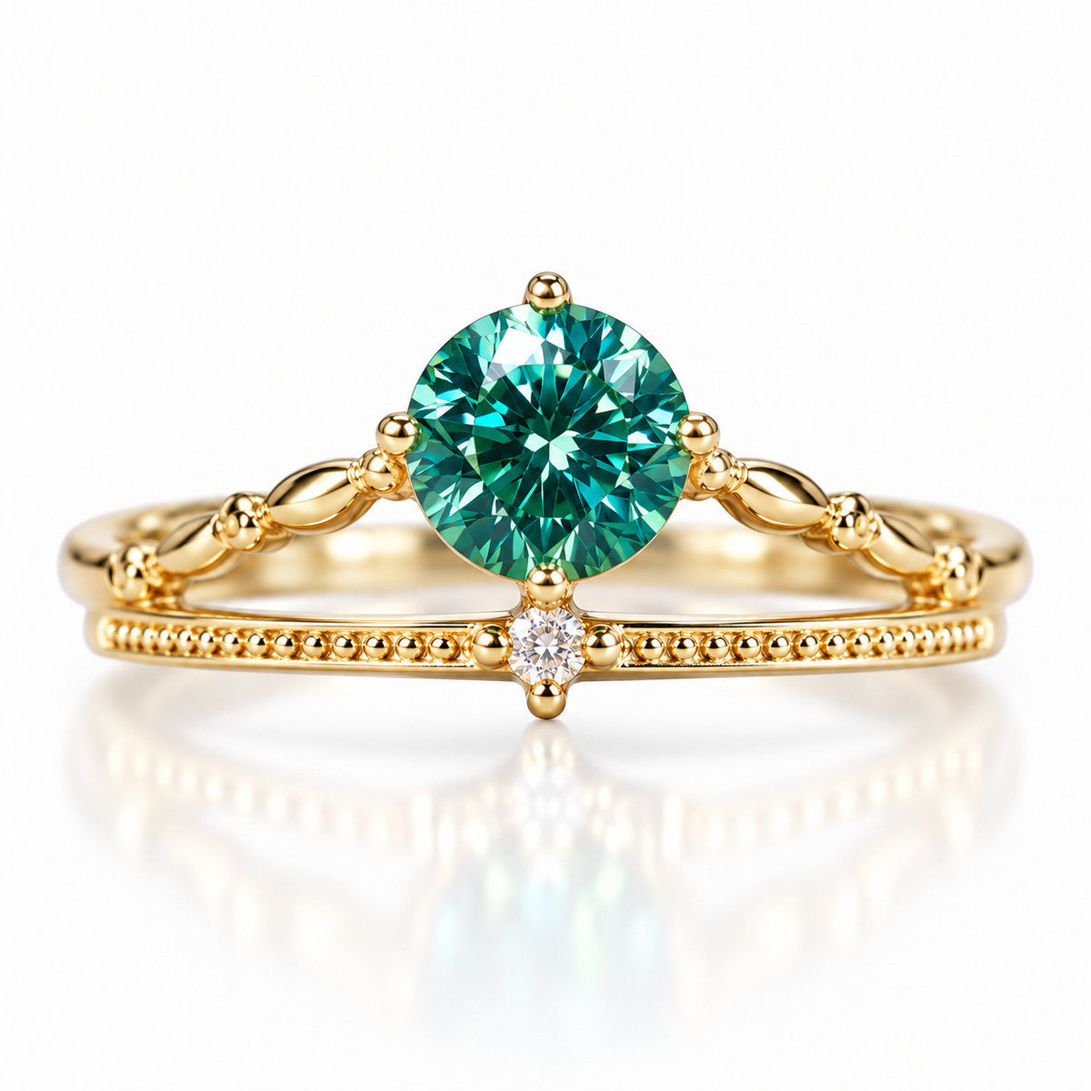 6.5mm lab-created round brilliant green moissanite ring featuring vibrant teal-green reflections, a polished four-prong gold-tone setting, decorative split-shank band, milgrain detailing, and a single clear cubic zirconia accent in Gold Plated 925 sterling silver on a white background.