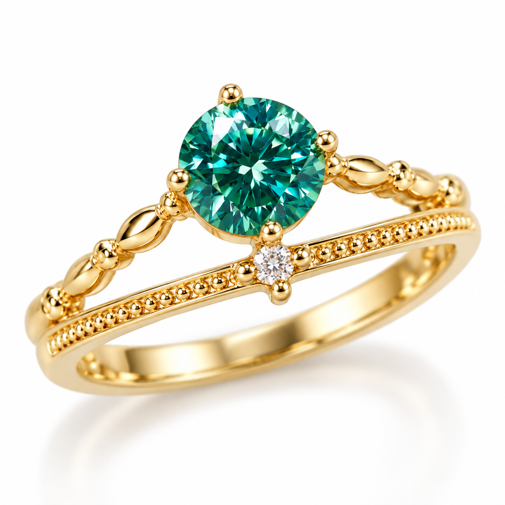 Three-quarter view of a 6.5mm round brilliant green moissanite ring featuring a sparkling teal-green gemstone, polished gold-tone prongs, delicate vine-inspired openwork, and a decorative beaded sterling silver band.