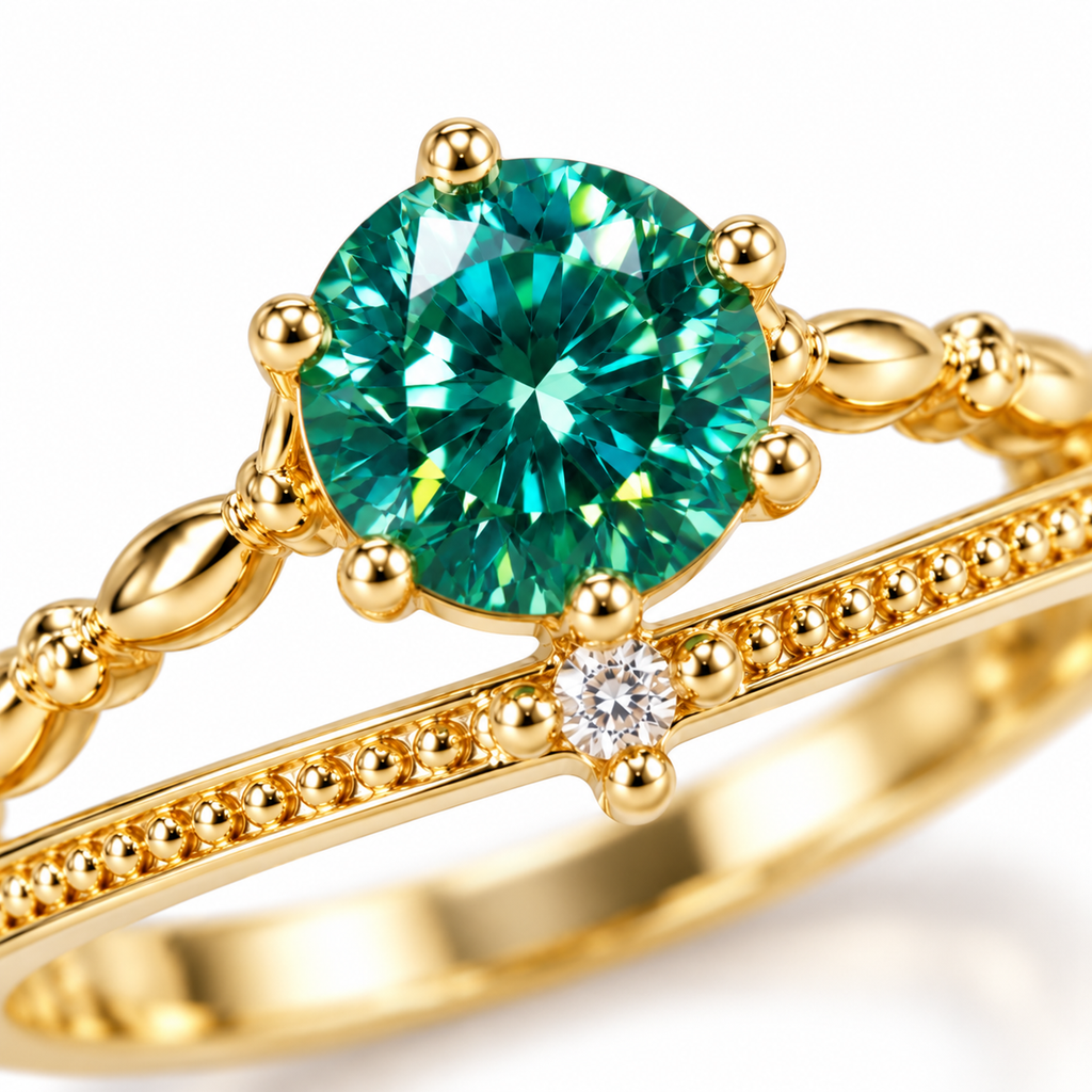 Macro close-up of a 6.5mm lab-created green moissanite ring showcasing the round brilliant gemstone's vivid teal-green, emerald-green, and blue-green reflections, polished gold-tone prongs, and intricate decorative band details.