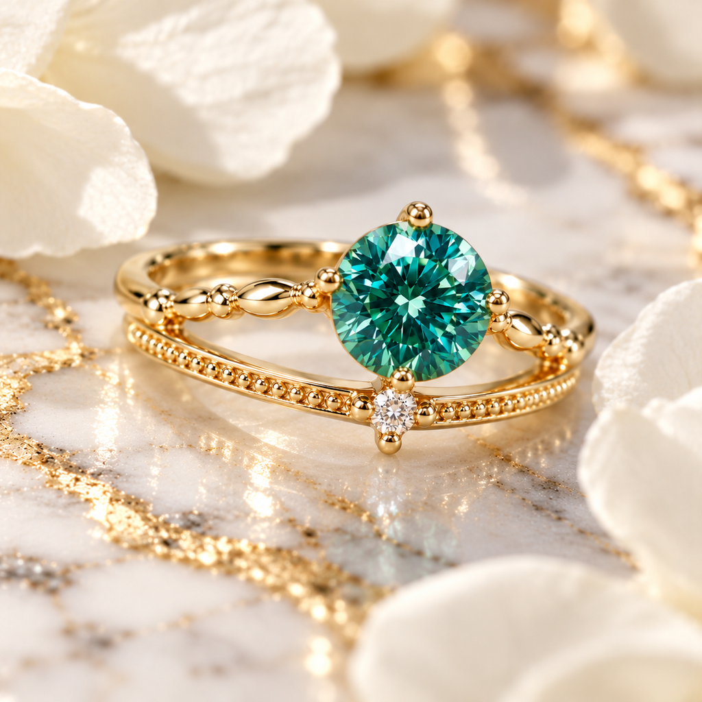 Three-quarter angle lifestyle photograph of a 6.5mm green moissanite ring resting on polished white marble beside delicate white flowers and gold accents, highlighting the round brilliant gemstone, decorative vine-inspired band, and sparkling cubic zirconia accent.