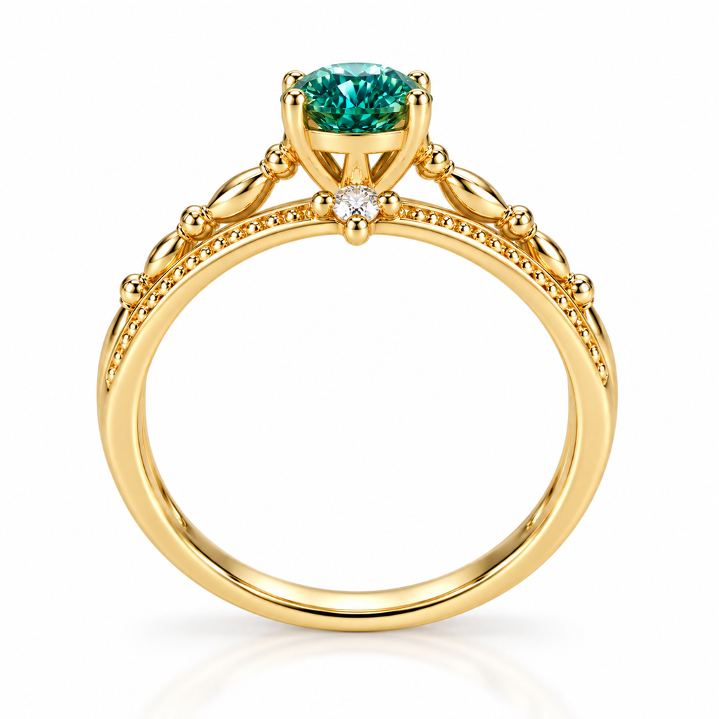 Side profile of a 6.5mm round brilliant-cut green moissanite ring featuring a raised four-prong gold-tone setting, delicate vine-inspired openwork, decorative split-shank band, and polished Gold Plated 925 sterling silver.