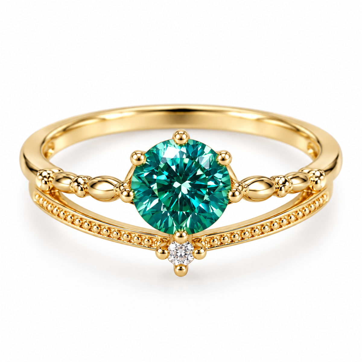 round brilliant-cut gemstone, symmetrical four-prong gold-tone setting, decorative split-shank design, and polished Gold Plated sterling silver band.