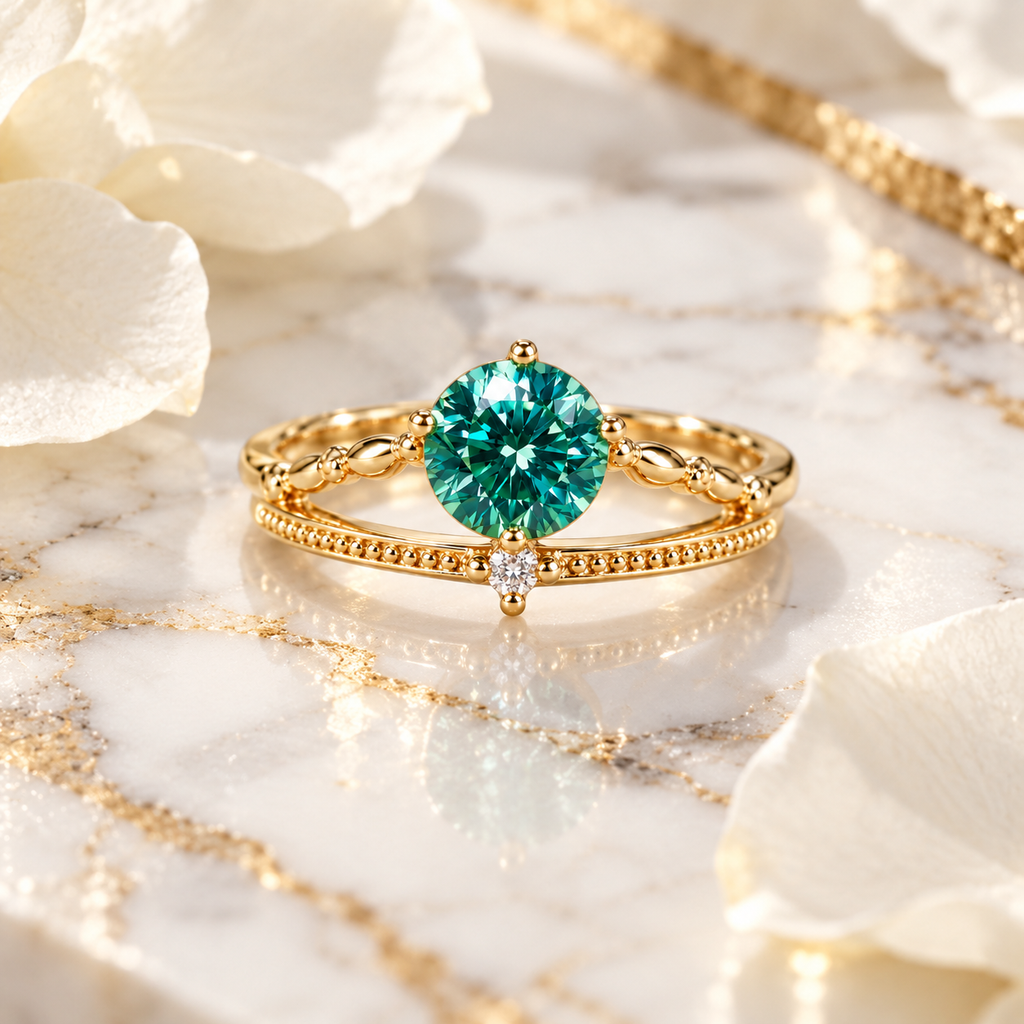 6.5mm round brilliant green moissanite ring displayed on elegant white marble with subtle gray veining, delicate white flowers, and soft gold accents, showcasing the vibrant teal-green gemstone and intricate Gold Plated sterling silver split-shank design.
