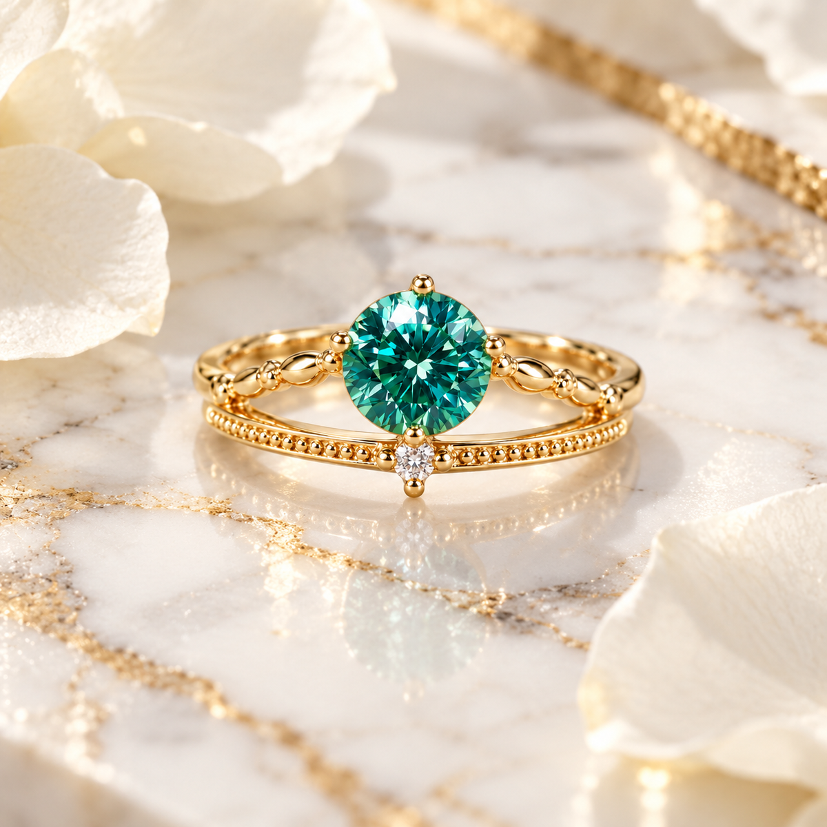 6.5mm round brilliant green moissanite ring displayed on elegant white marble with subtle gray veining, delicate white flowers, and soft gold accents, showcasing the vibrant teal-green gemstone and intricate Gold Plated sterling silver split-shank design.