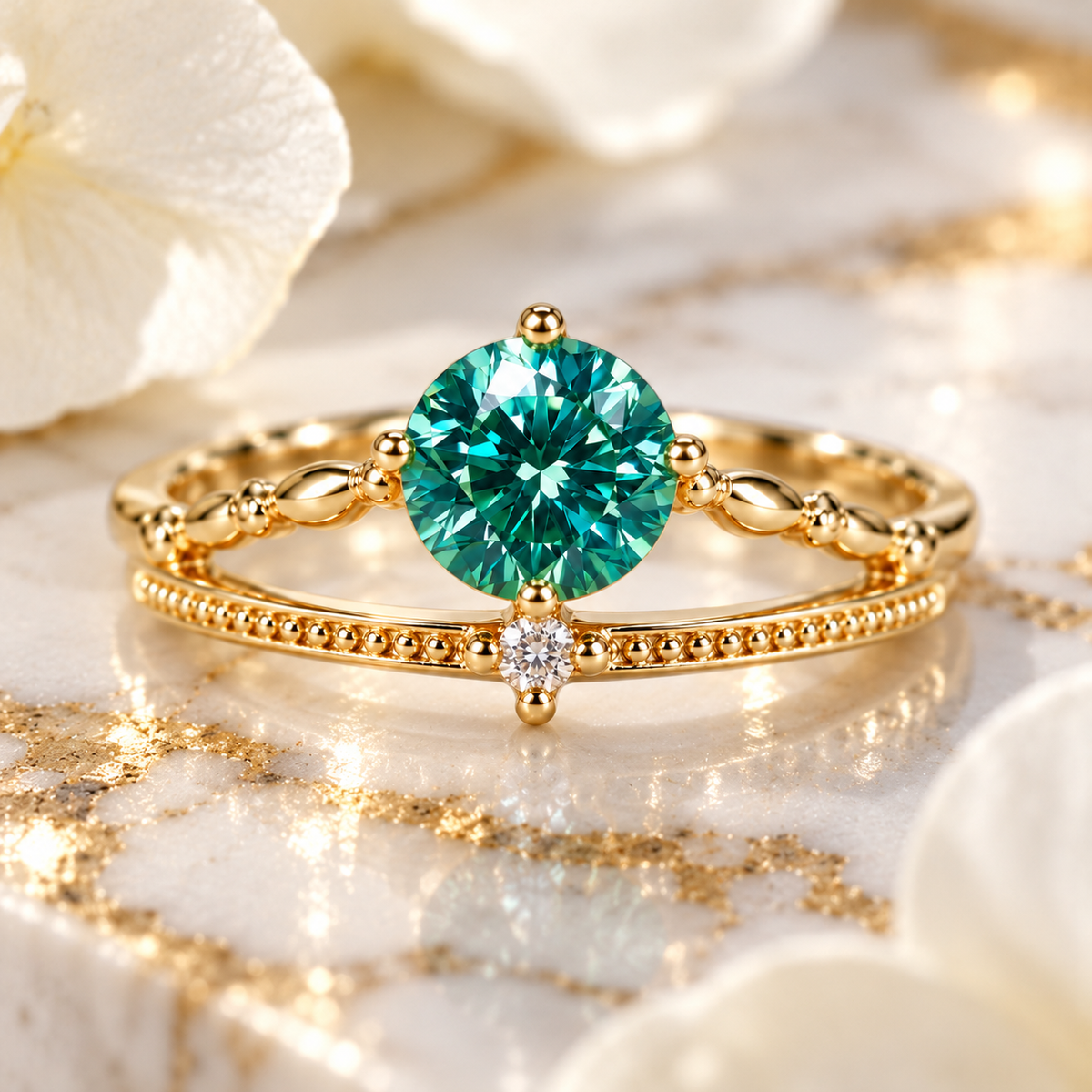 Close-up lifestyle photograph of a 6.5mm lab-created round brilliant green moissanite ring featuring vivid teal-green and blue-green reflections, a polished four-prong gold-tone setting, delicate vine-inspired split-shank detailing, and a sparkling cubic zirconia accent, displayed on elegant white marble with soft white flowers and subtle gold accents.