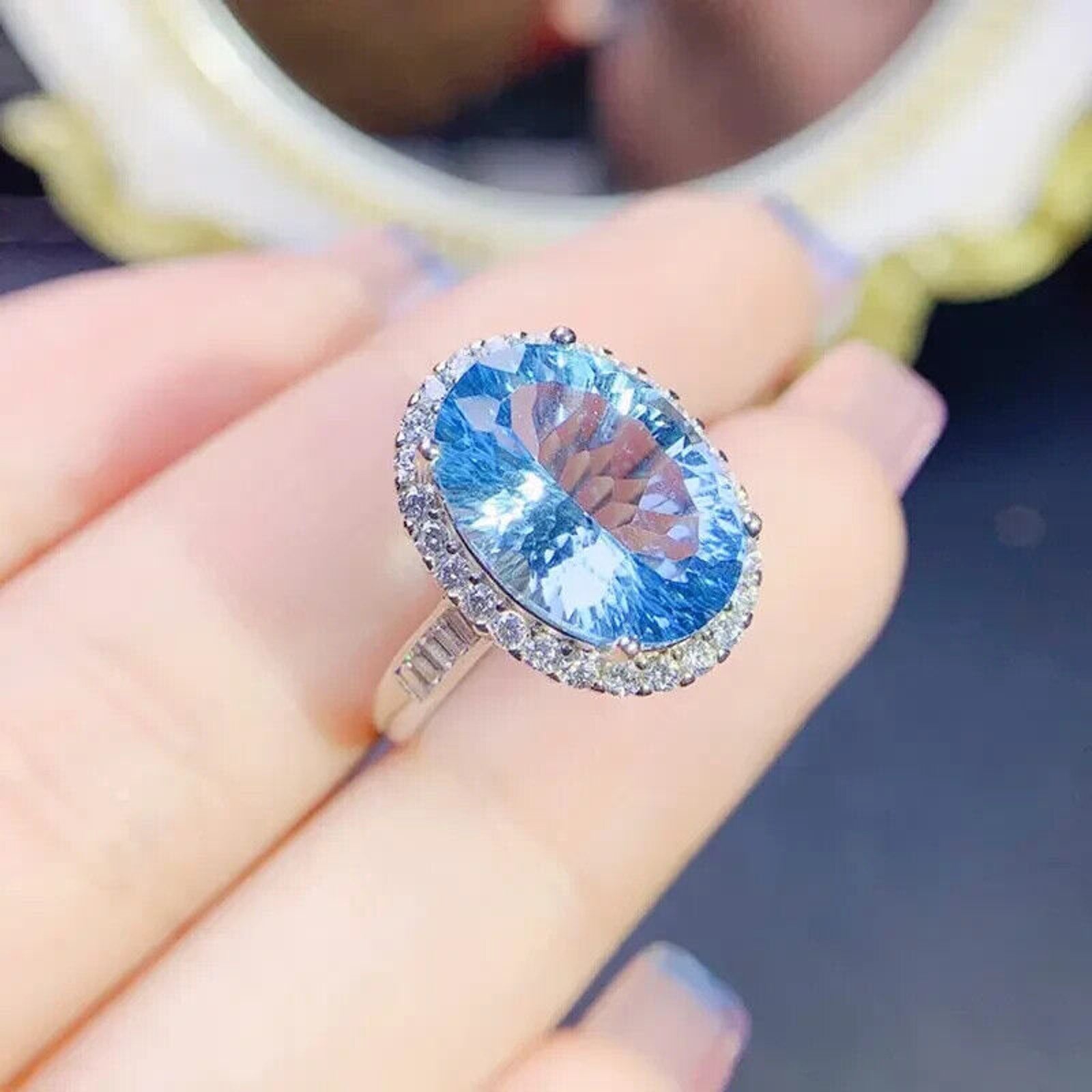 Swiss Blue Topaz Statement Ring, Natural Blue Topaz Gemstone Ring 10x14mm 9CT