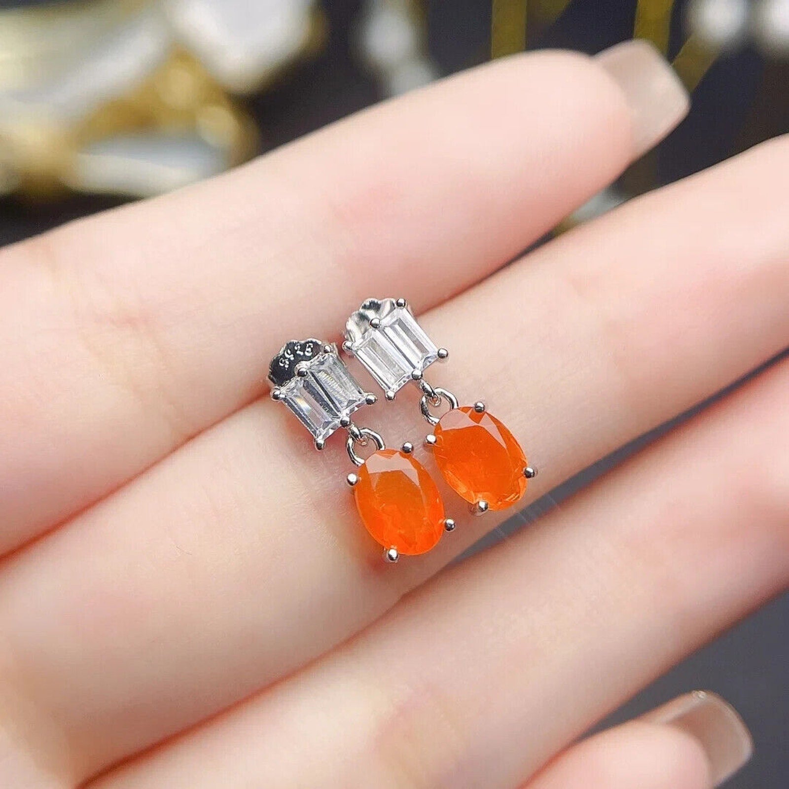 Orange Fire Opal Dangle Earrings 5x7mm, Natural Orange Fire Opal Earrings