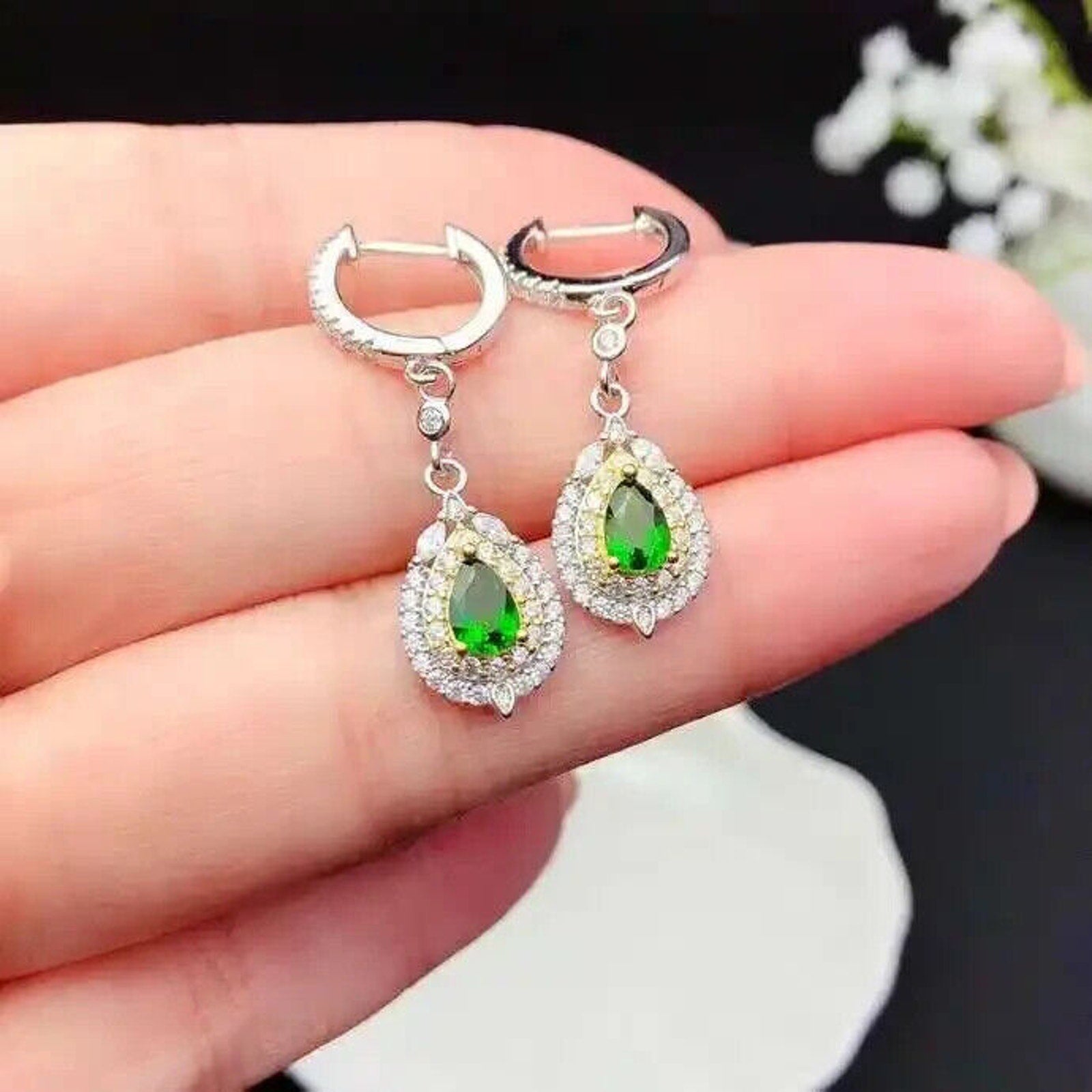 Chrome Diopside Pear Cut Dangle Hoop Earrings, Natural Diopside Earrings