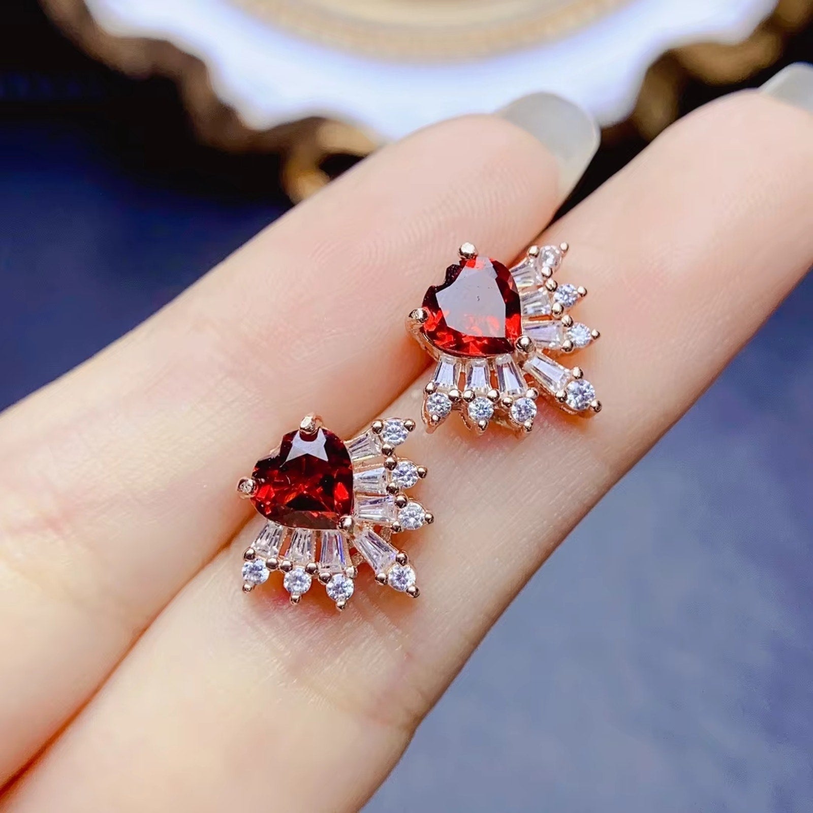 Red Garnet Heart Earrings, Garnet Earrings 925 Sterling Silver, Heart Earrings