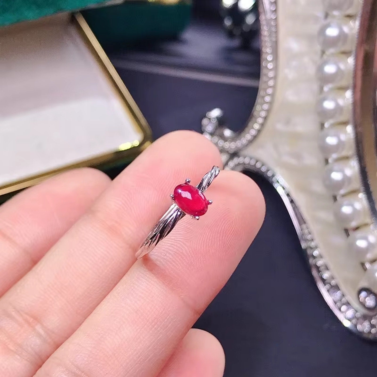 Natural Mozambique Ruby Ring 4x6mm Platinum Plated 925 Sterling Silver