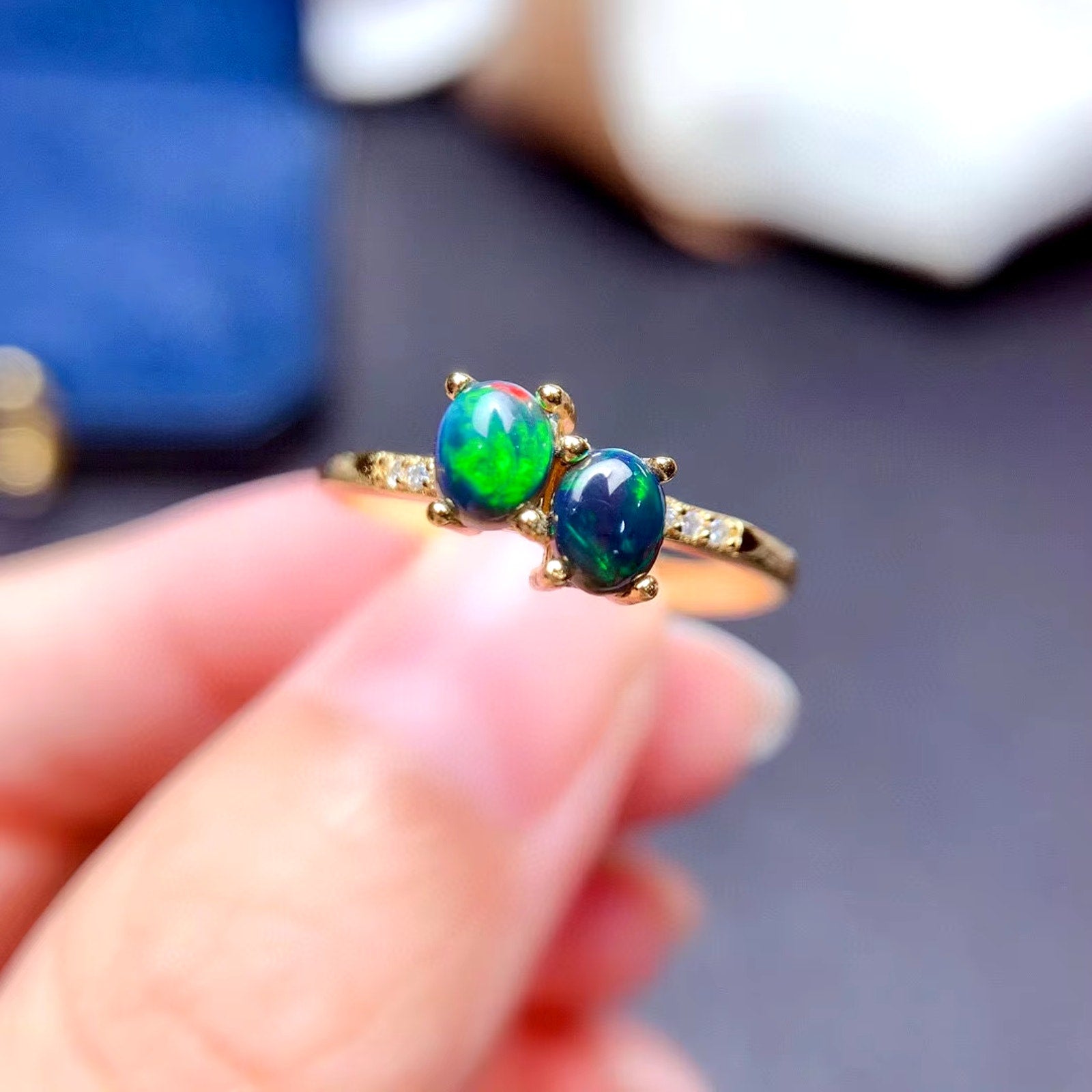 Colorful Fire Opal Statement Ring, Natural Black Fire Opal Ring Sterling Silver