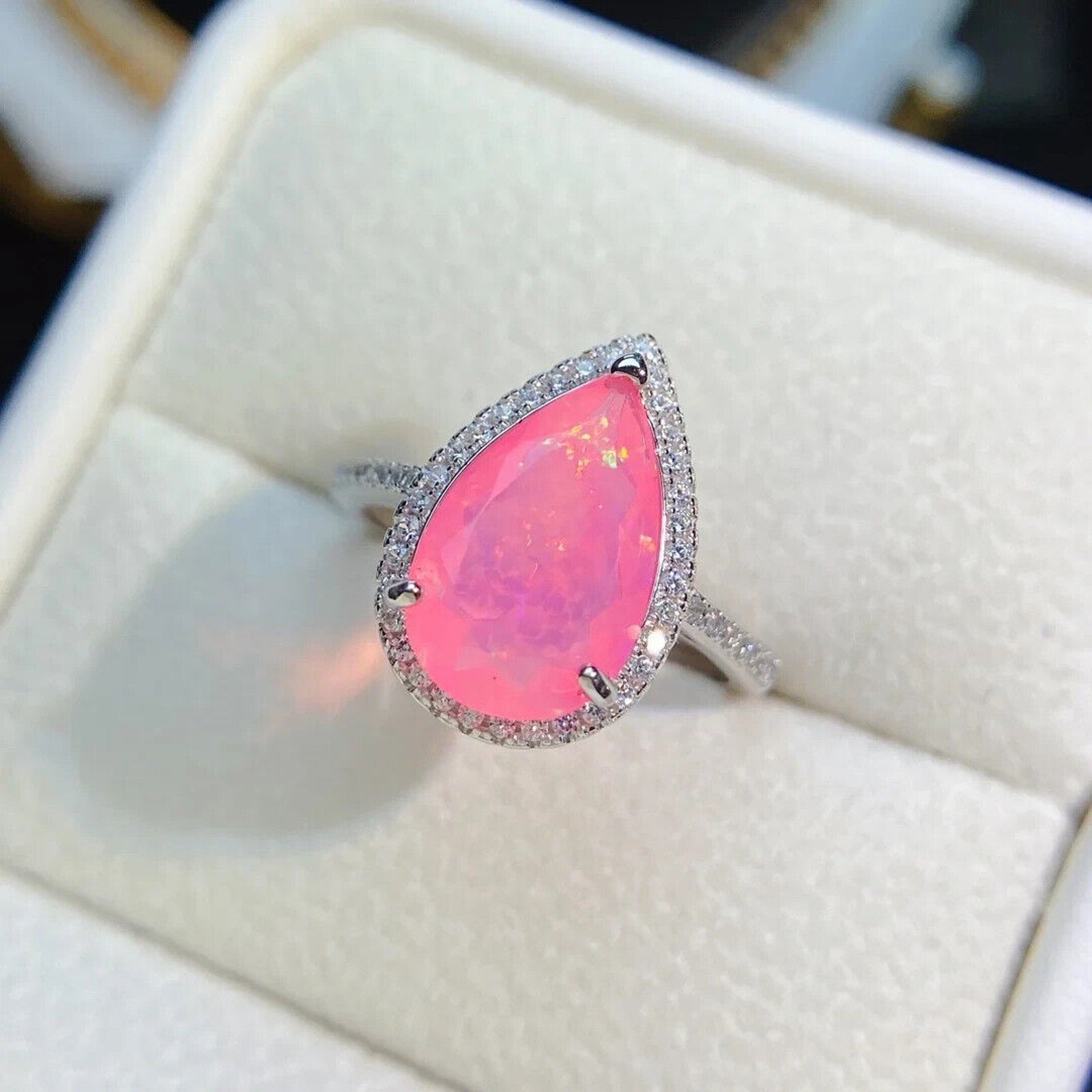 Pink Fire Opal Pear Cut Statement Ring, Natural Pink Fire Opal Gemstone Ring