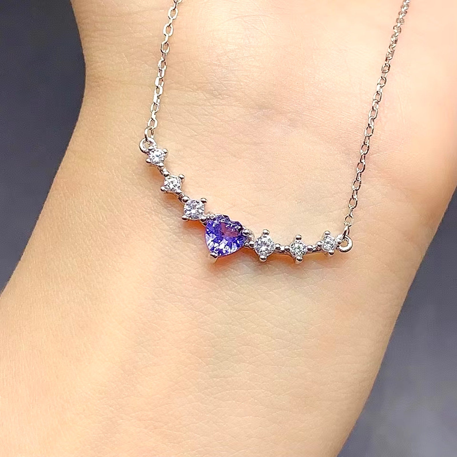 Purple Tanzanite Clavicle Chain Necklace, Natural Tanzanite Necklace For Women
