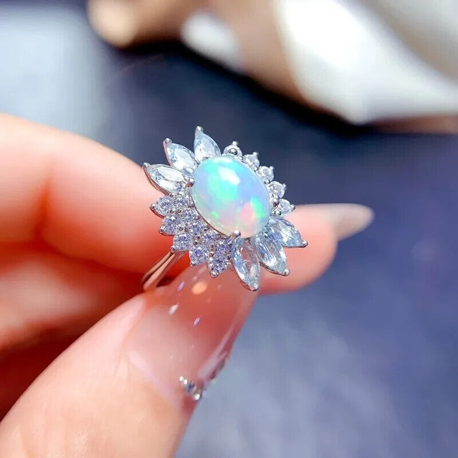 Natural Fire Opal And Aquamarine Gemstone Ring, Opal and Aquamarine Jewelry