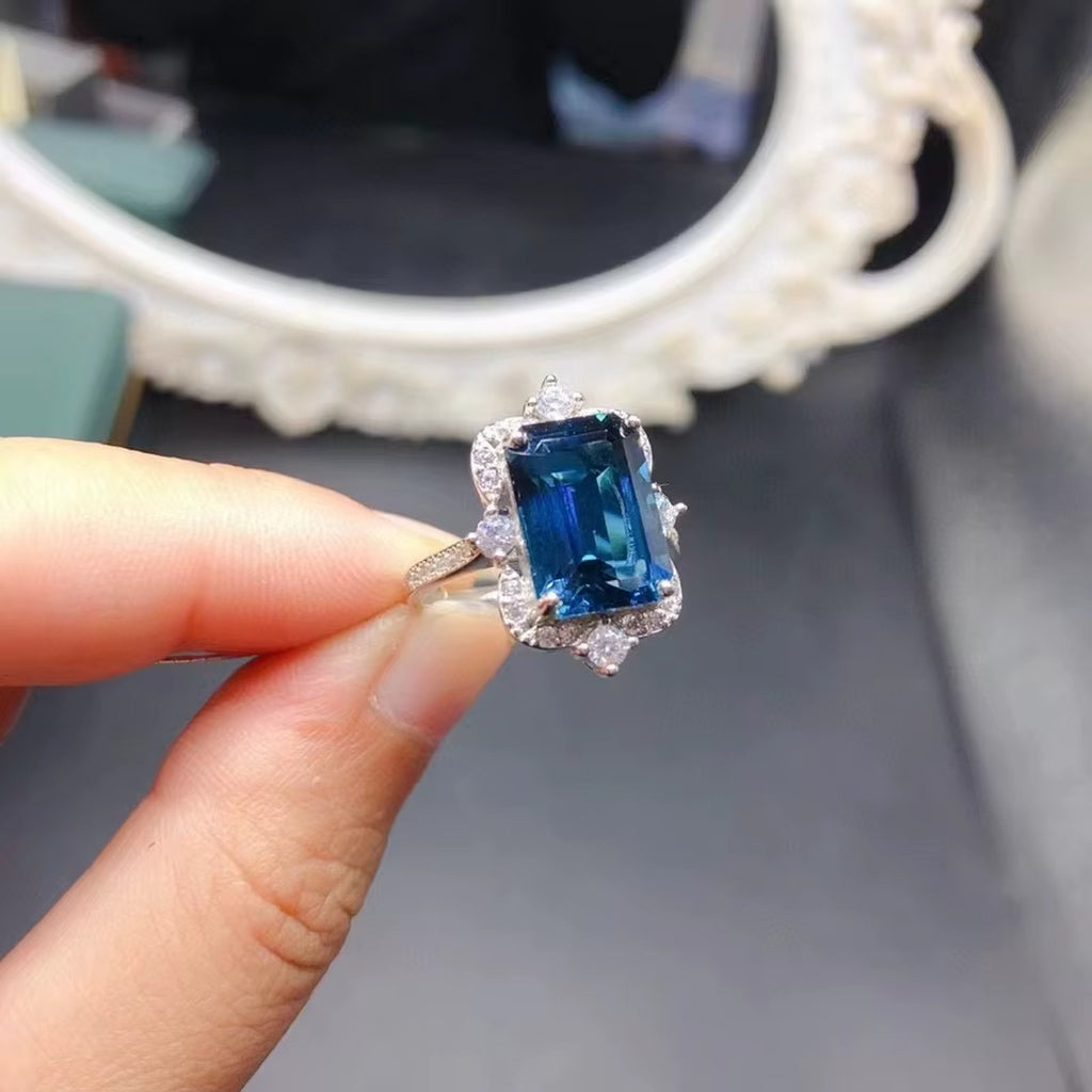 5CT Emerald Cut London Blue Topaz Ring 925 Sterling Silver VVS Grade 8x12mm