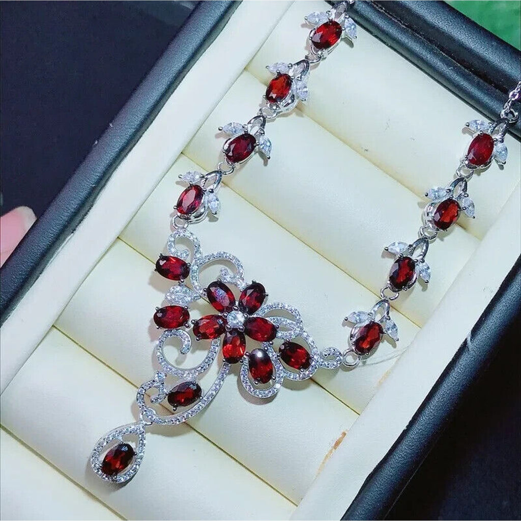 Red Garnet Statement Necklace, Natural Garnet Gemstone Necklace 925 Sterling