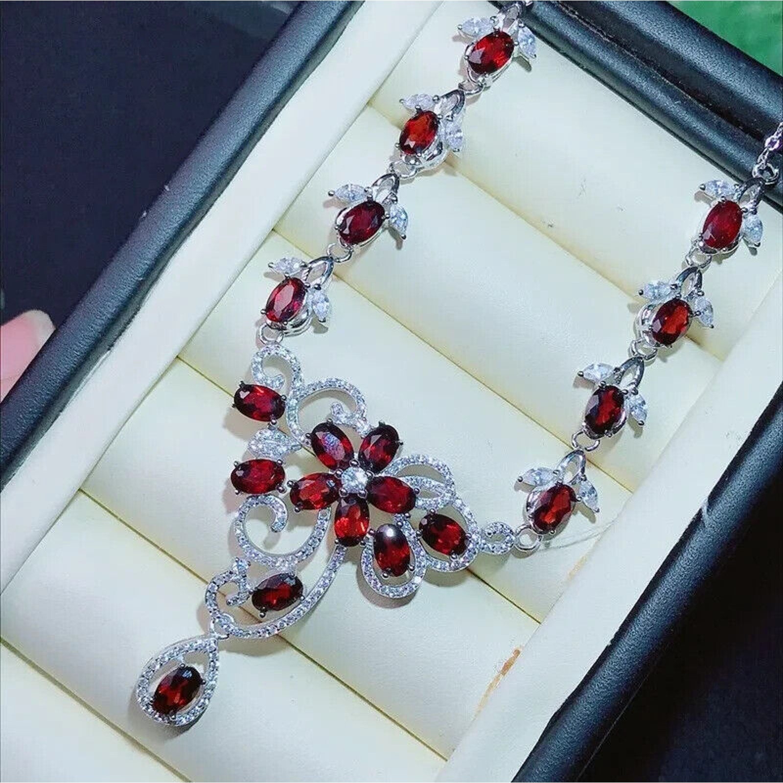 Red Garnet Statement Necklace, Natural Garnet Gemstone Necklace 925 Sterling