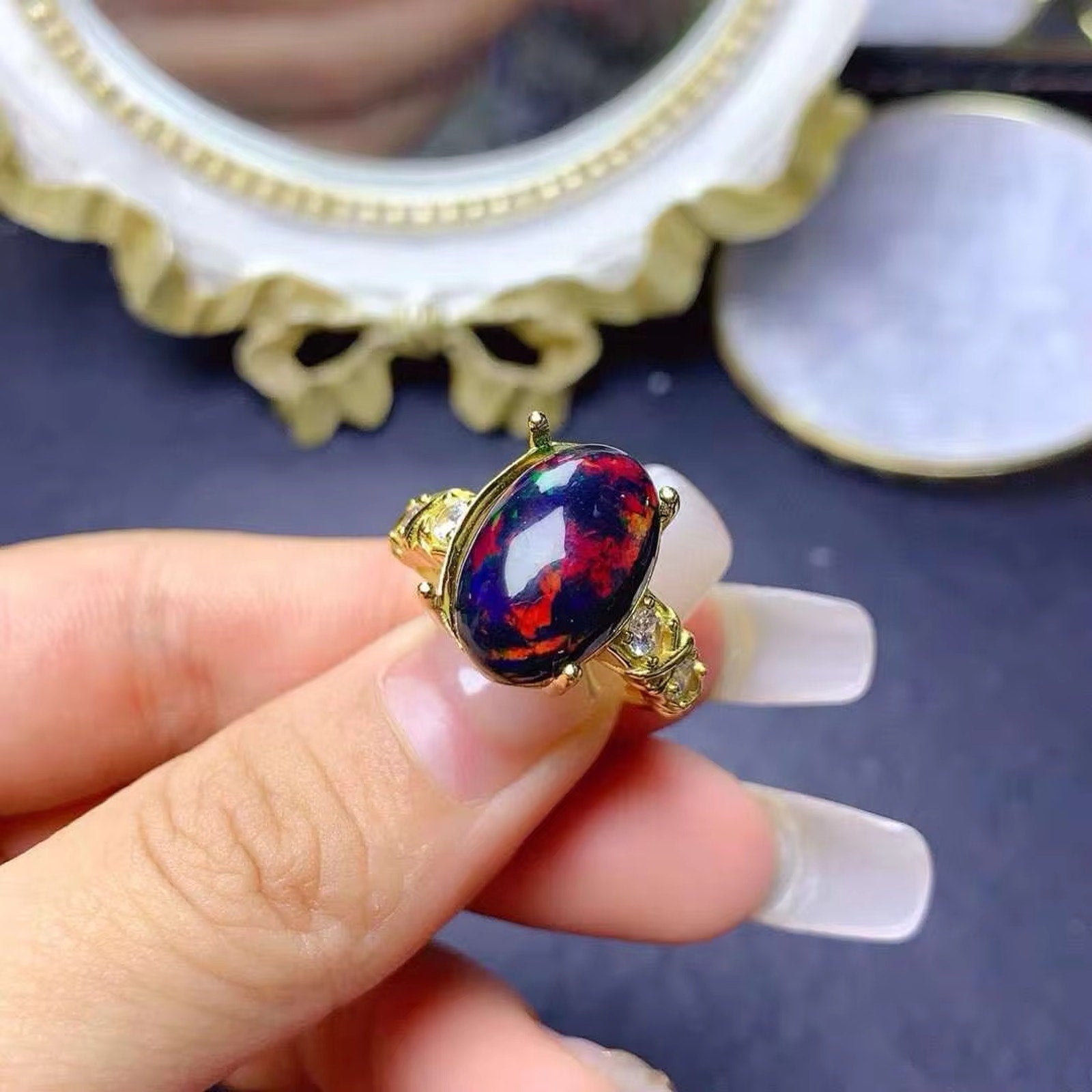 Black Opal Statement Ring, Australian Fire Opal Ring Sterling Silver 10x14mm