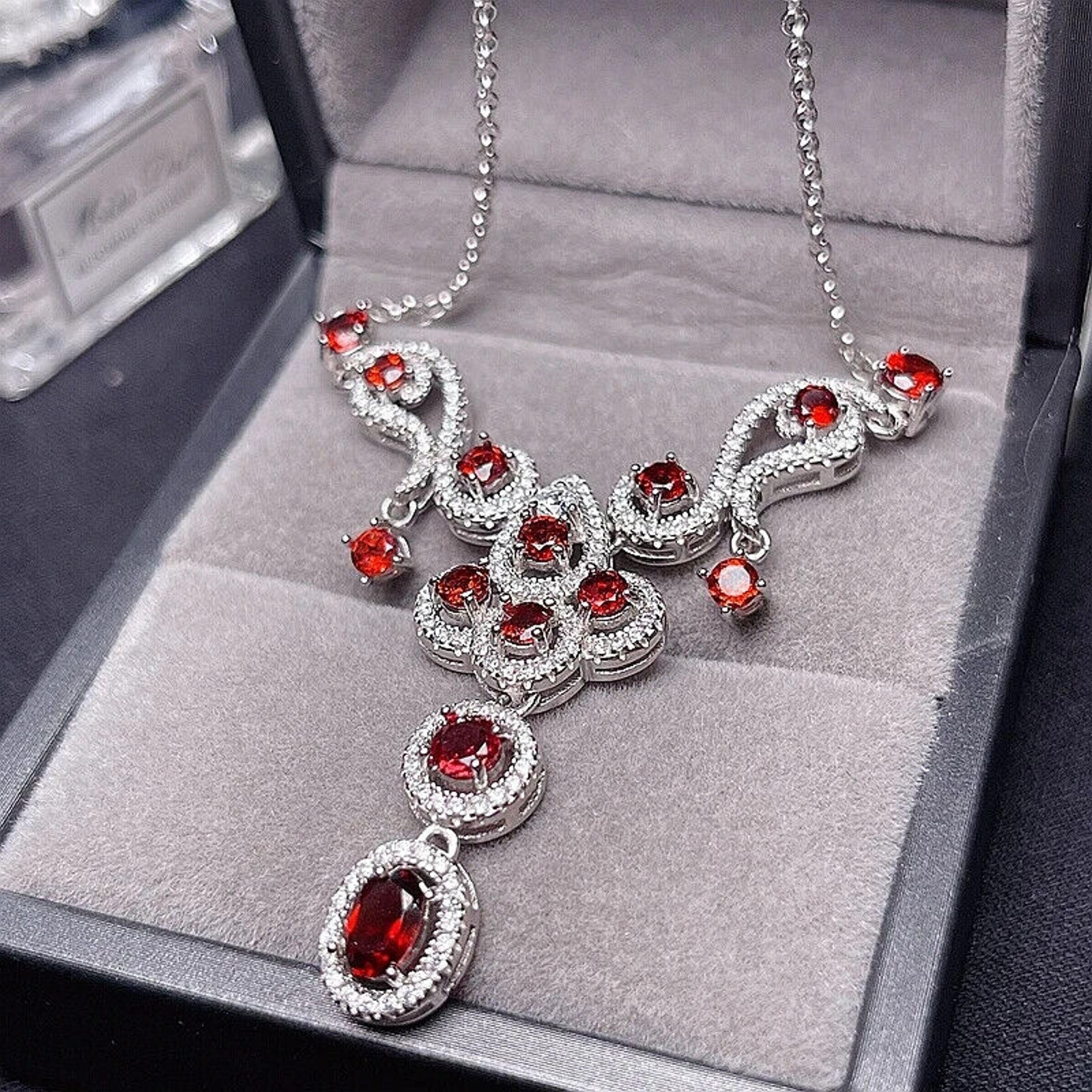 Red Garnet Gemstone Statement Necklace, Garnet Necklace 925 Sterling Silver