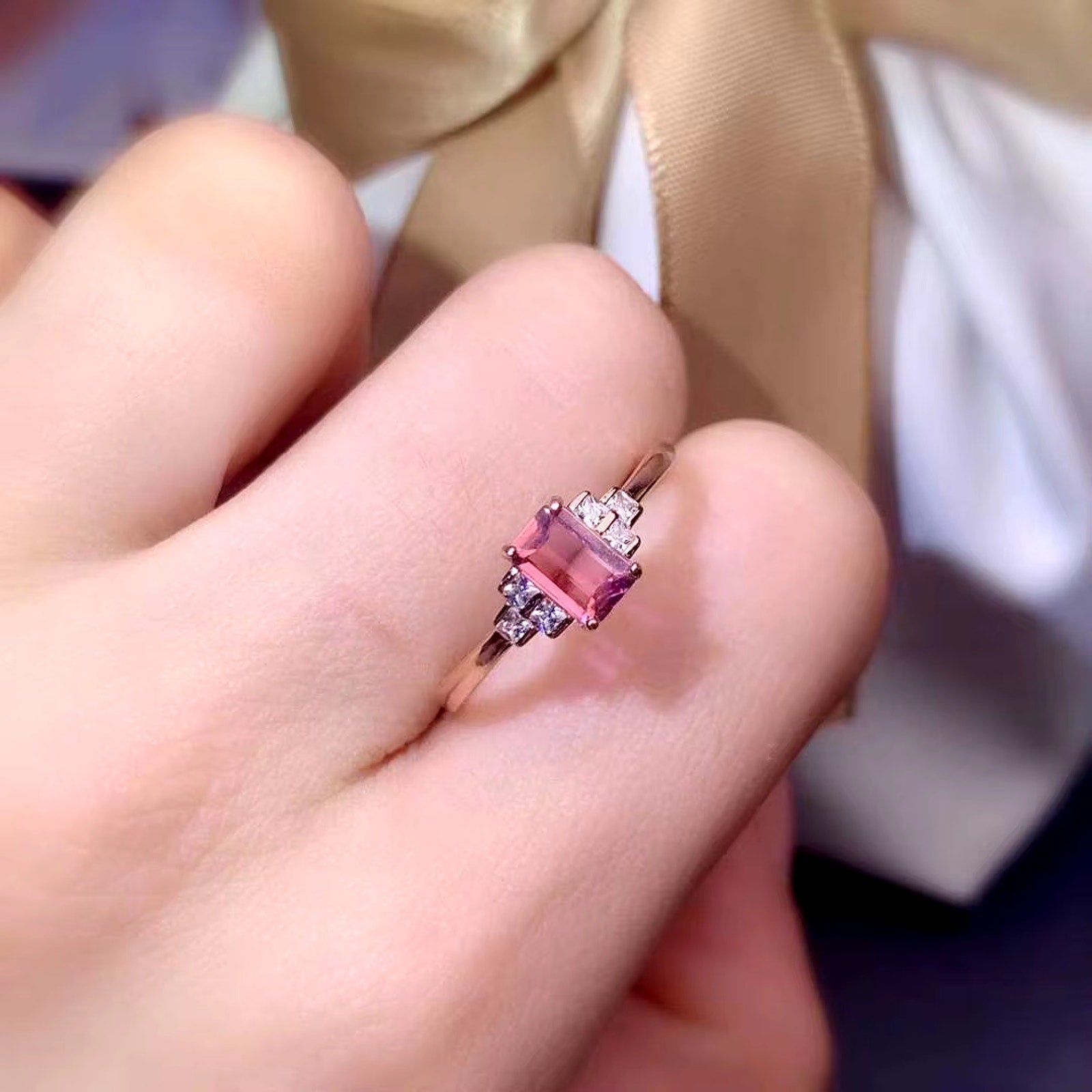 Pink Tourmaline Ring, Emerald Cut Pink Tourmaline Gemstone Ring