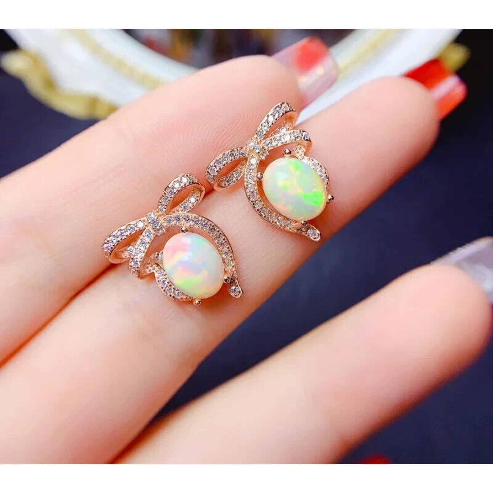 Large Fire Opal Bow Tie Stud Earrings, Natural Fire Opal Stud Earrings 7x9mm