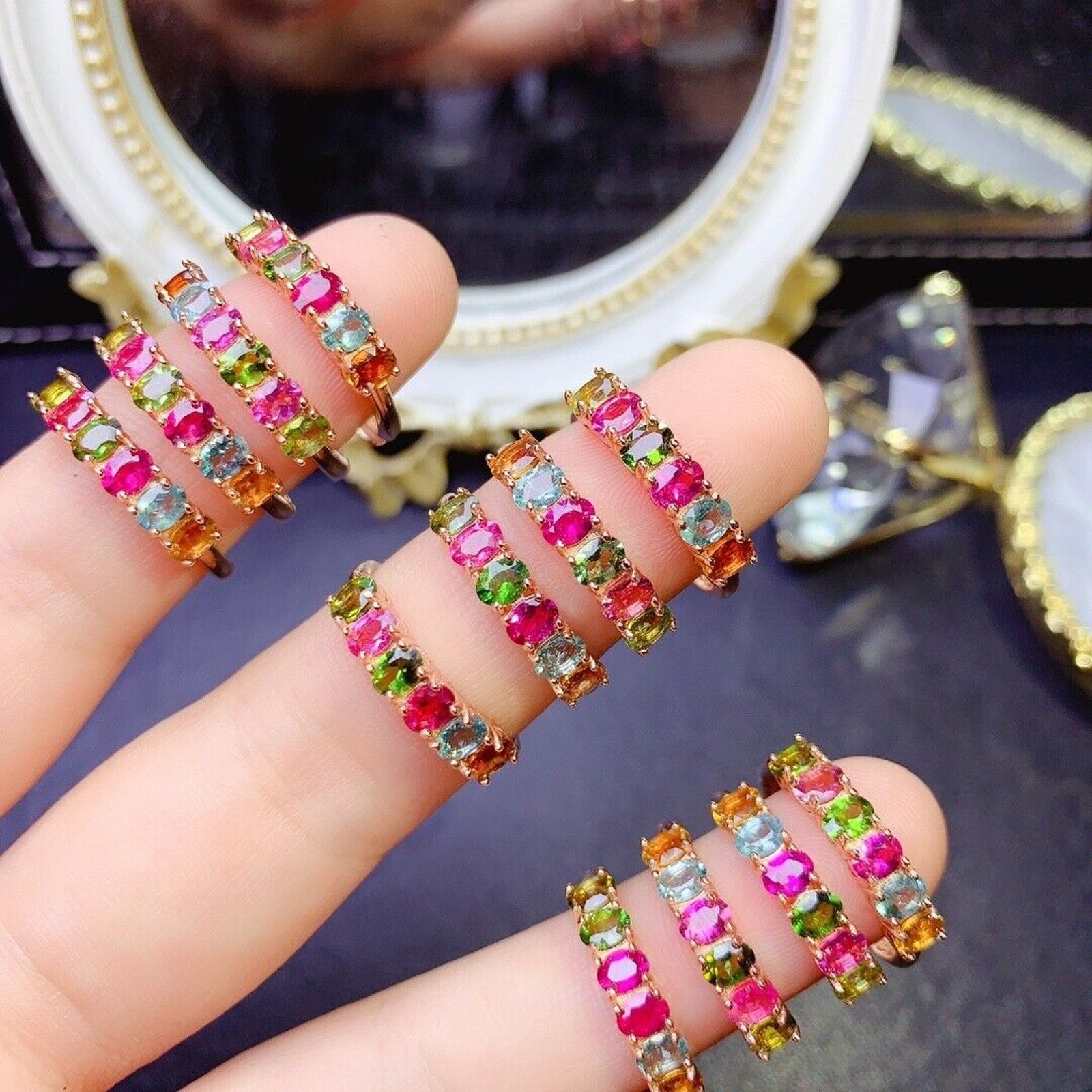 Tourmaline Gemstone Band Ring, Bright Natural Tourmaline Band Ring Silver