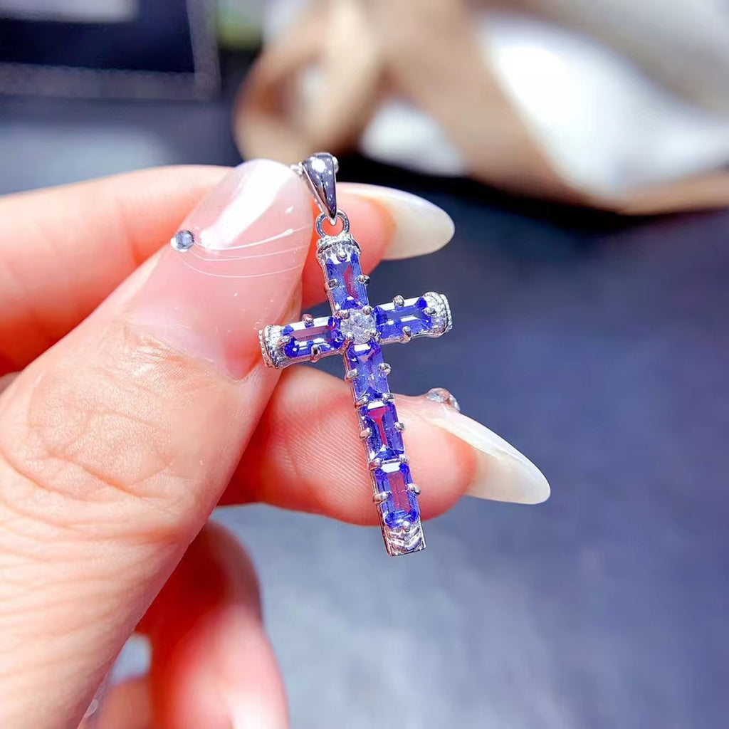 Purple Tanzanite Cross Necklace, Gemstone Cross Necklace 925 Sterling Silver