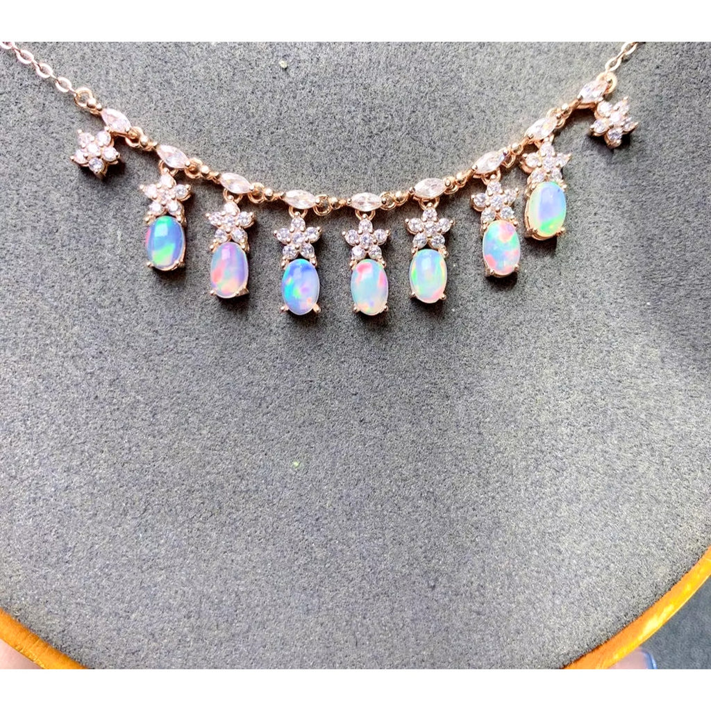 Fire Opal Charm Necklace, Natural Opal Statement Necklace 925 Sterling Silver