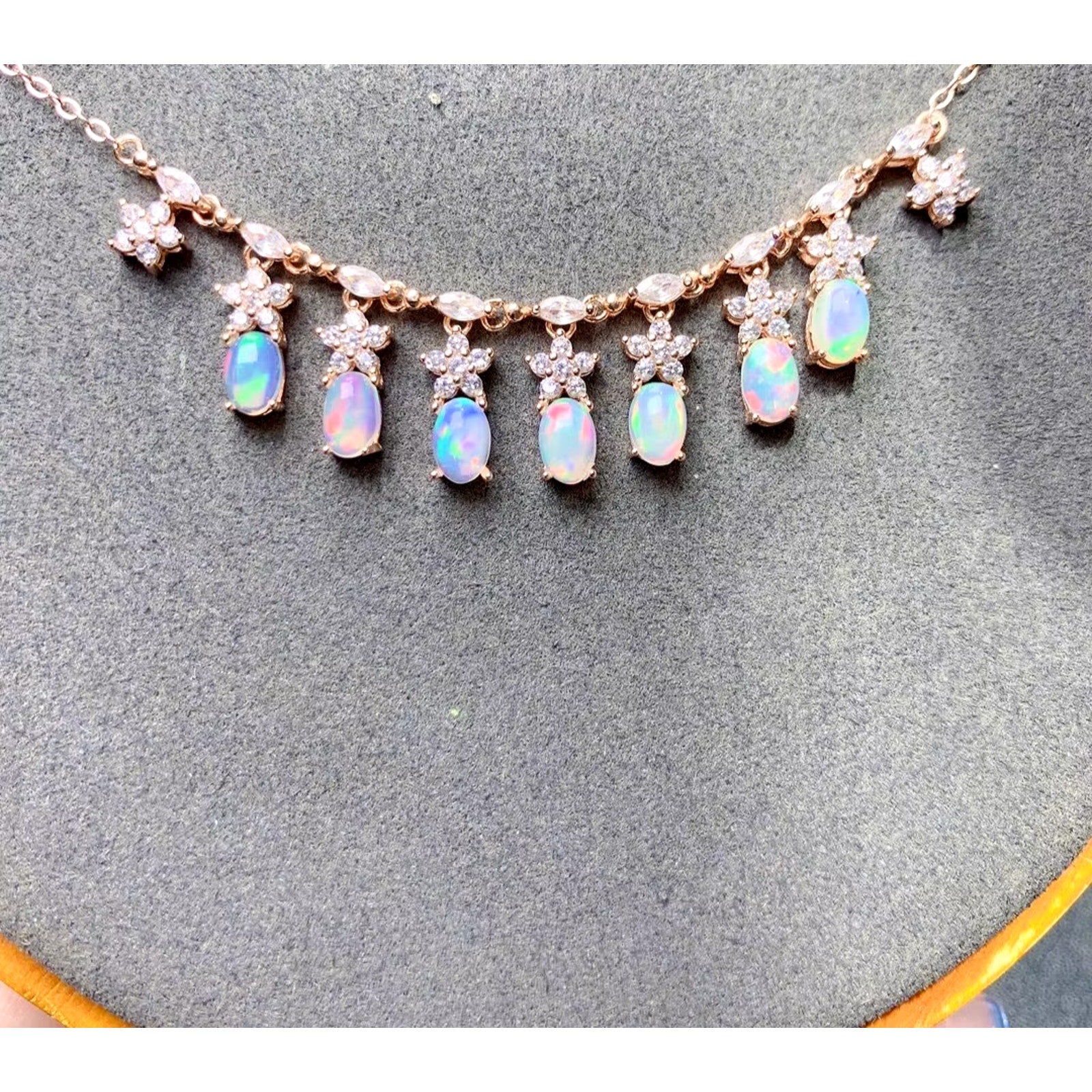 Fire Opal Charm Necklace, Natural Opal Statement Necklace 925 Sterling Silver