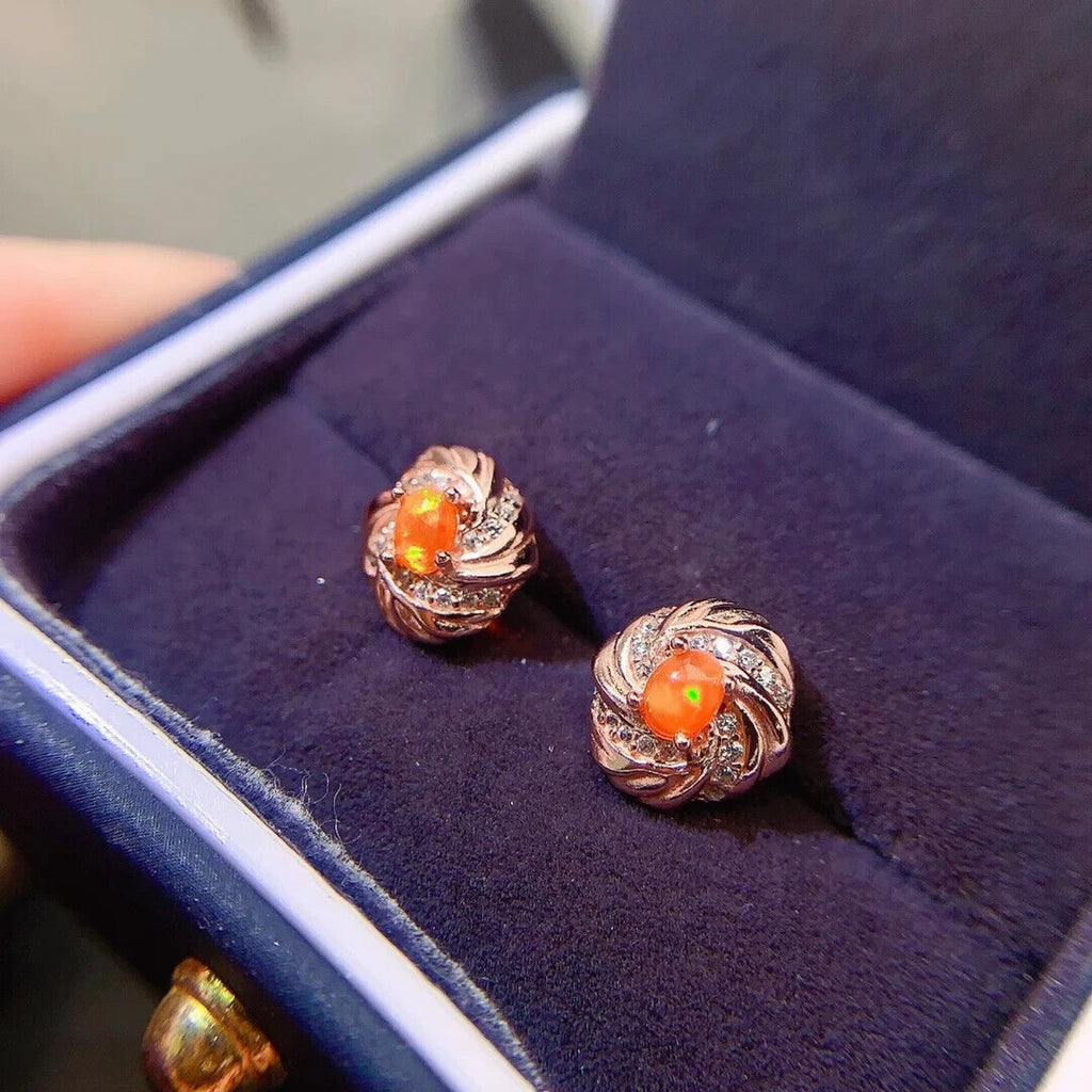 Natural Orange Fire Opal Stud Earrings 3x4mm Sterling Silver, Orange Opal
