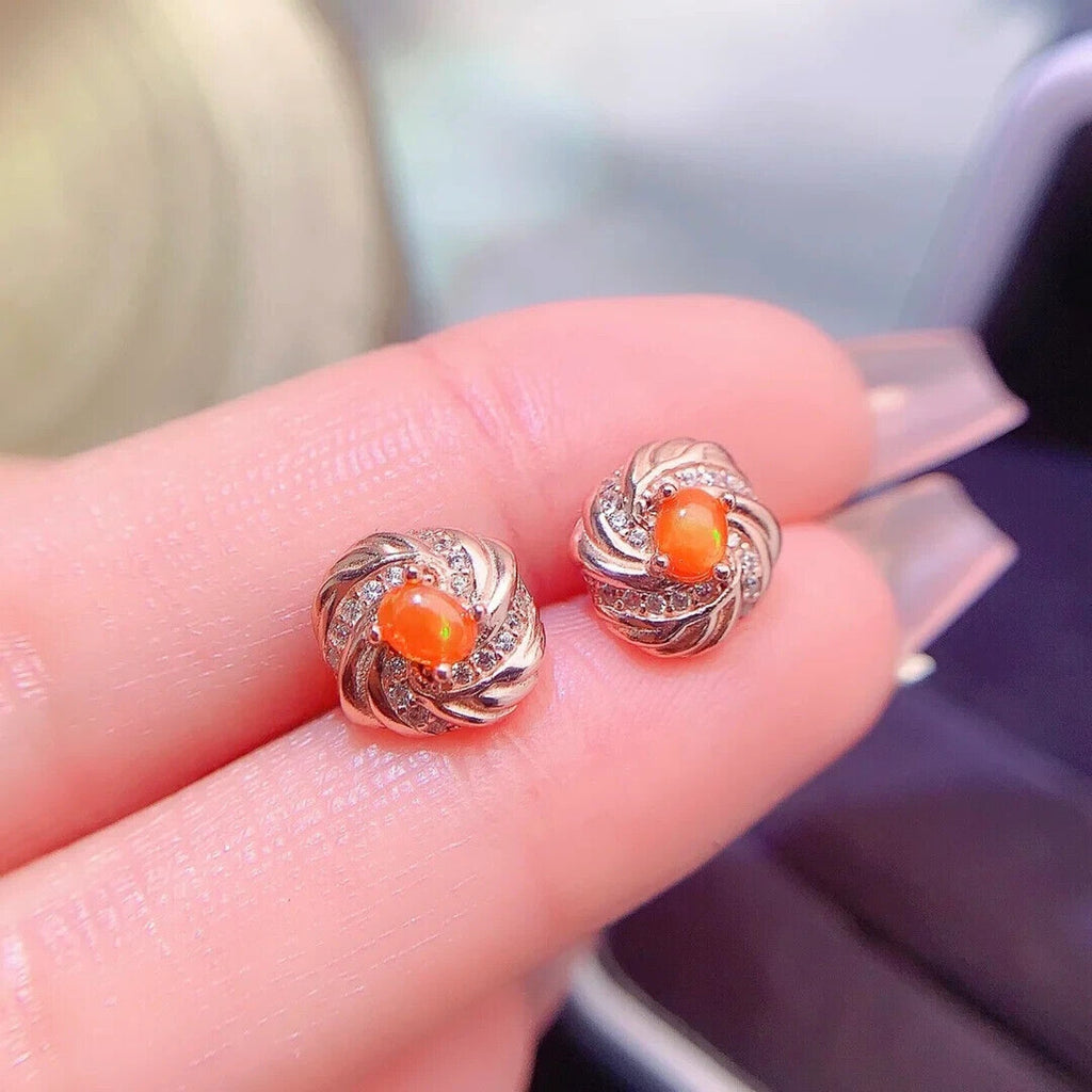 Natural Orange Fire Opal Stud Earrings 3x4mm Sterling Silver, Orange Opal
