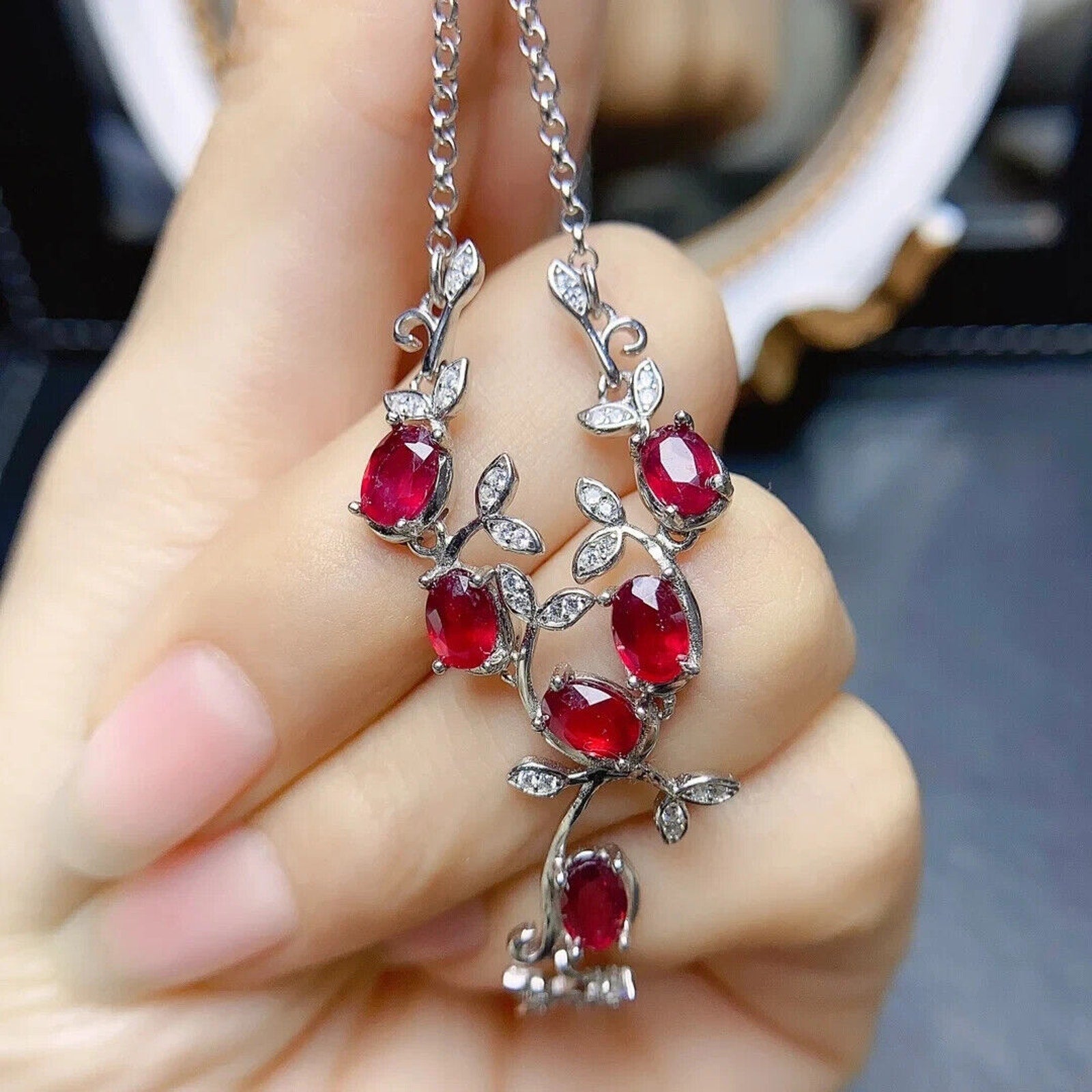 Natural Ruby Leaflet Necklace, Genuine Ruby Chain Necklace Sterling Silver