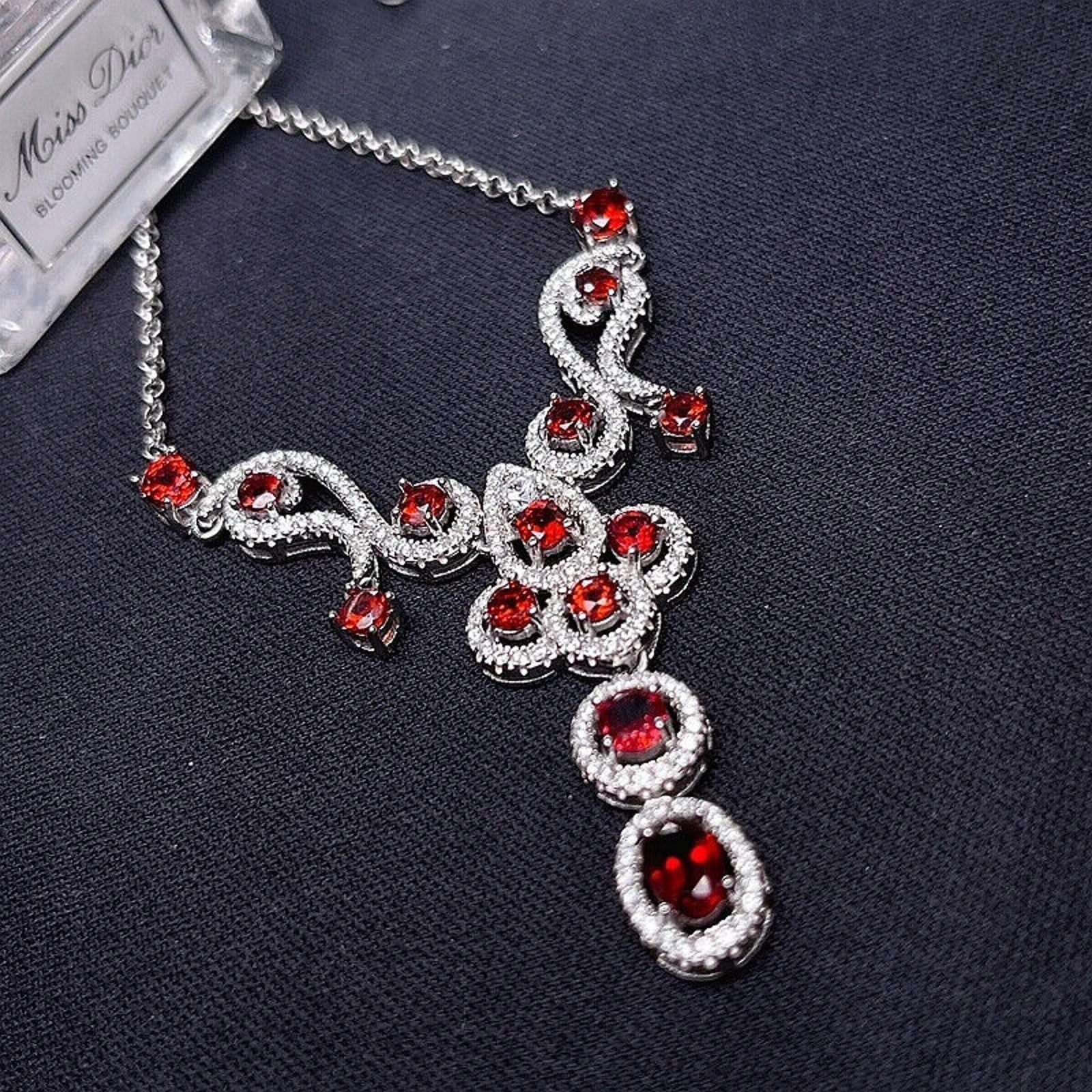 Red Garnet Gemstone Statement Necklace, Garnet Necklace 925 Sterling Silver