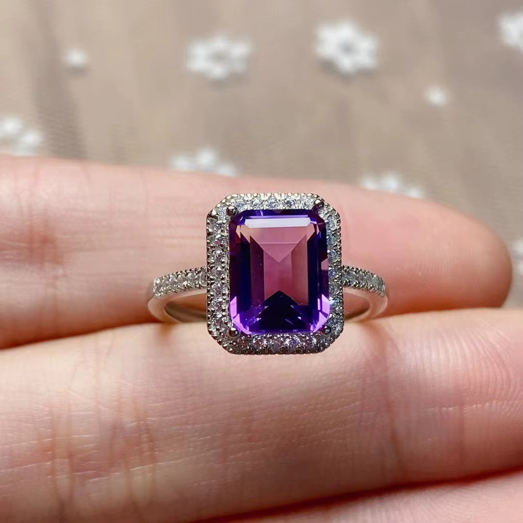 2CT Emerald Cut Amethyst Ring 925 Sterling Silver, Purple Amethyst Ring 7x9mm