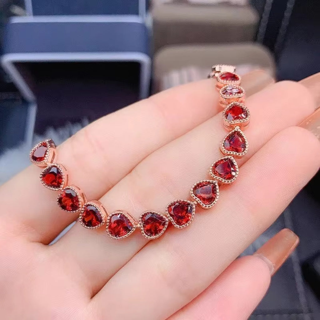 Red Garnet Gemstone Heart Bracelet 5mm 925 Sterling Silver