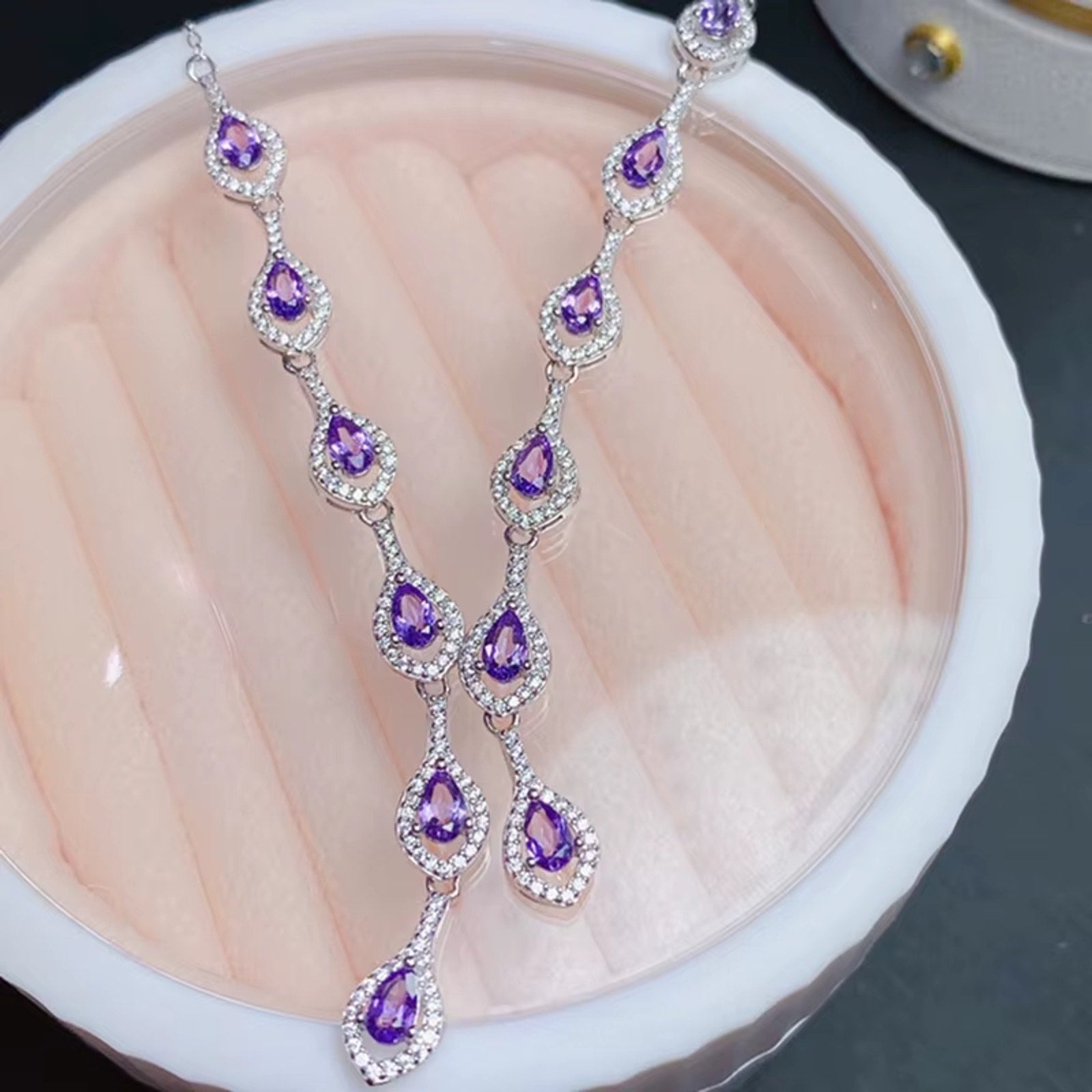 Natural Amethyst Gemstone Clavicle Necklace 925 Sterling Silver 3x5mm