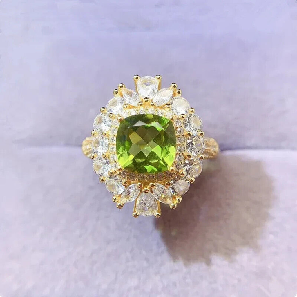 Natural Peridot Gemstone Crystal Cluster Ring 8mm
