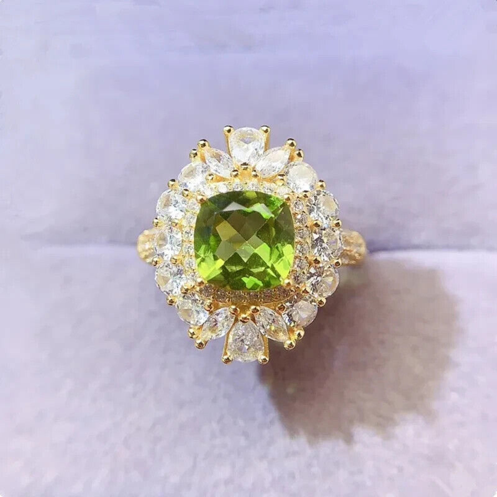Natural Peridot Gemstone Crystal Cluster Ring 8mm